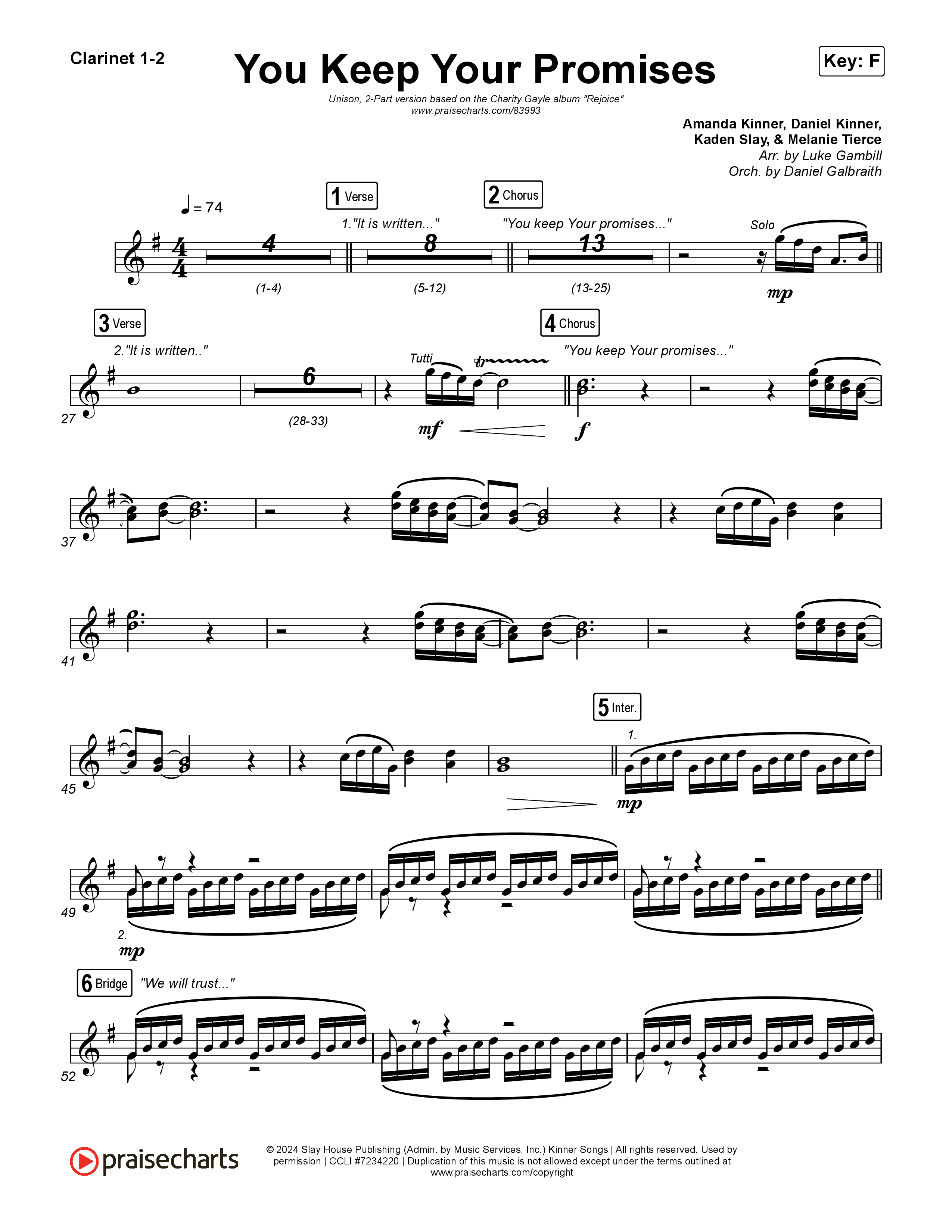 You Keep Your Promises (Unison/2-Part) Clarinet 1/2 (Charity Gayle / Arr. Luke Gambill)