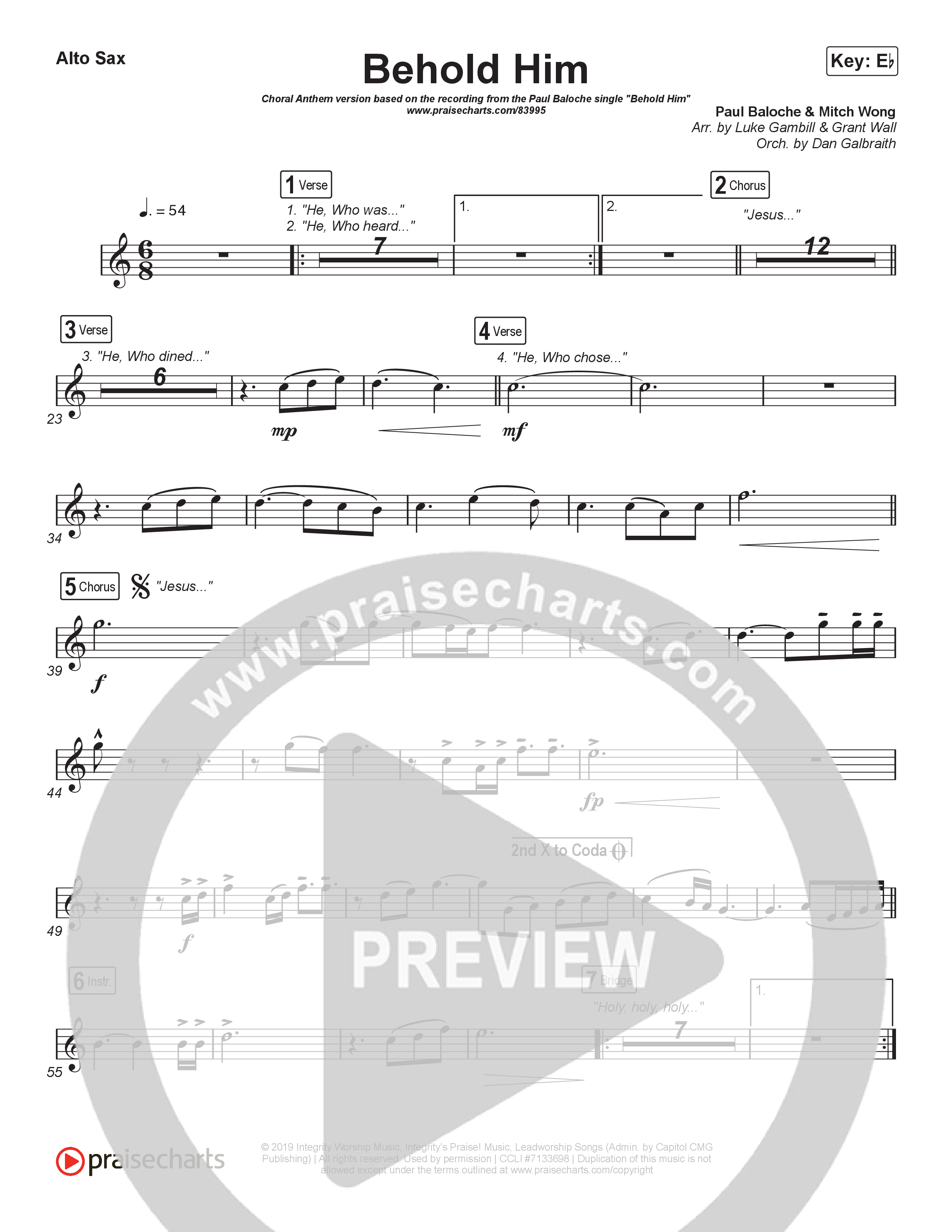 Behold Him (Choral Anthem SATB) Sax Pack (Paul Baloche / Kim Walker-Smith / Arr. Luke Gambill)