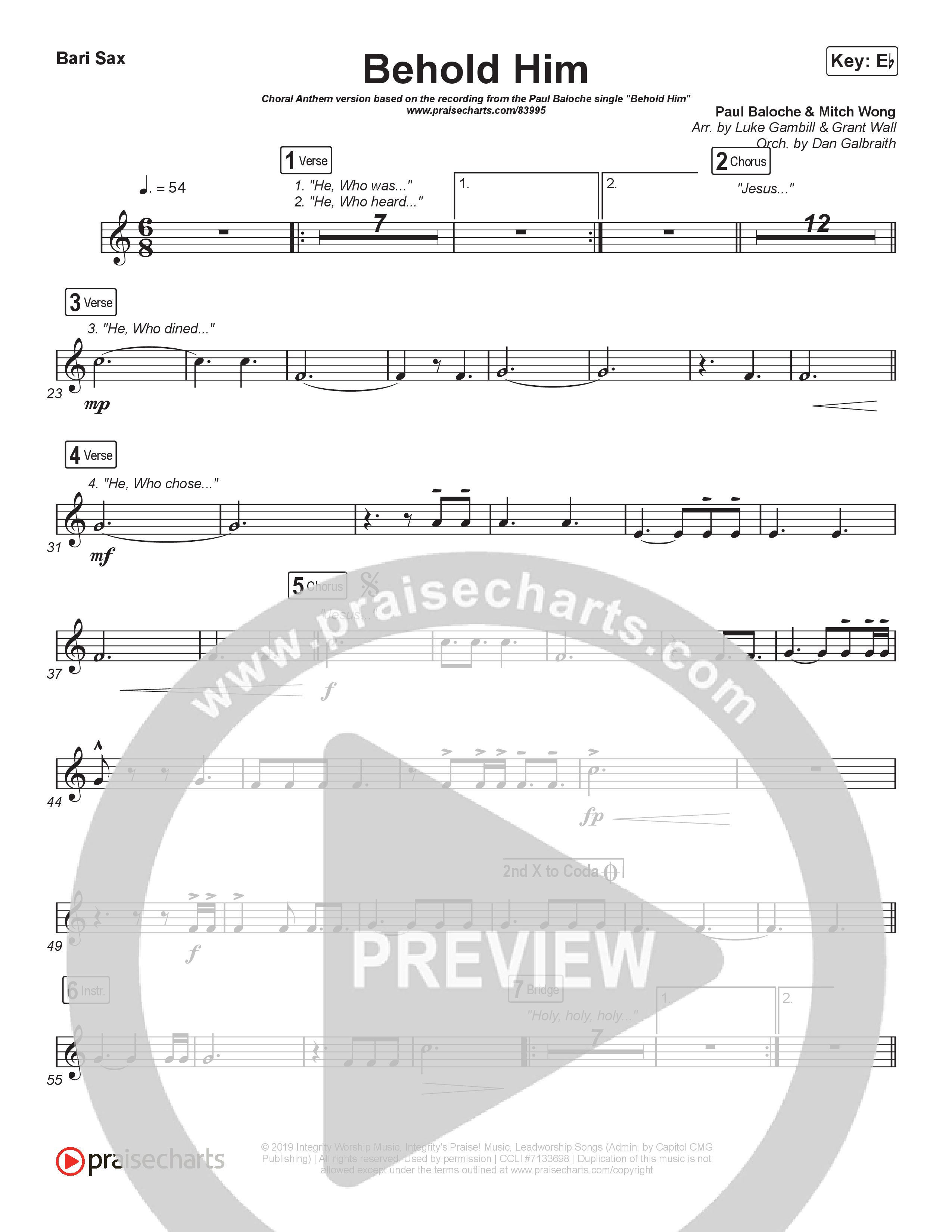 Behold Him (Choral Anthem SATB) Bari Sax (Paul Baloche / Kim Walker-Smith / Arr. Luke Gambill)