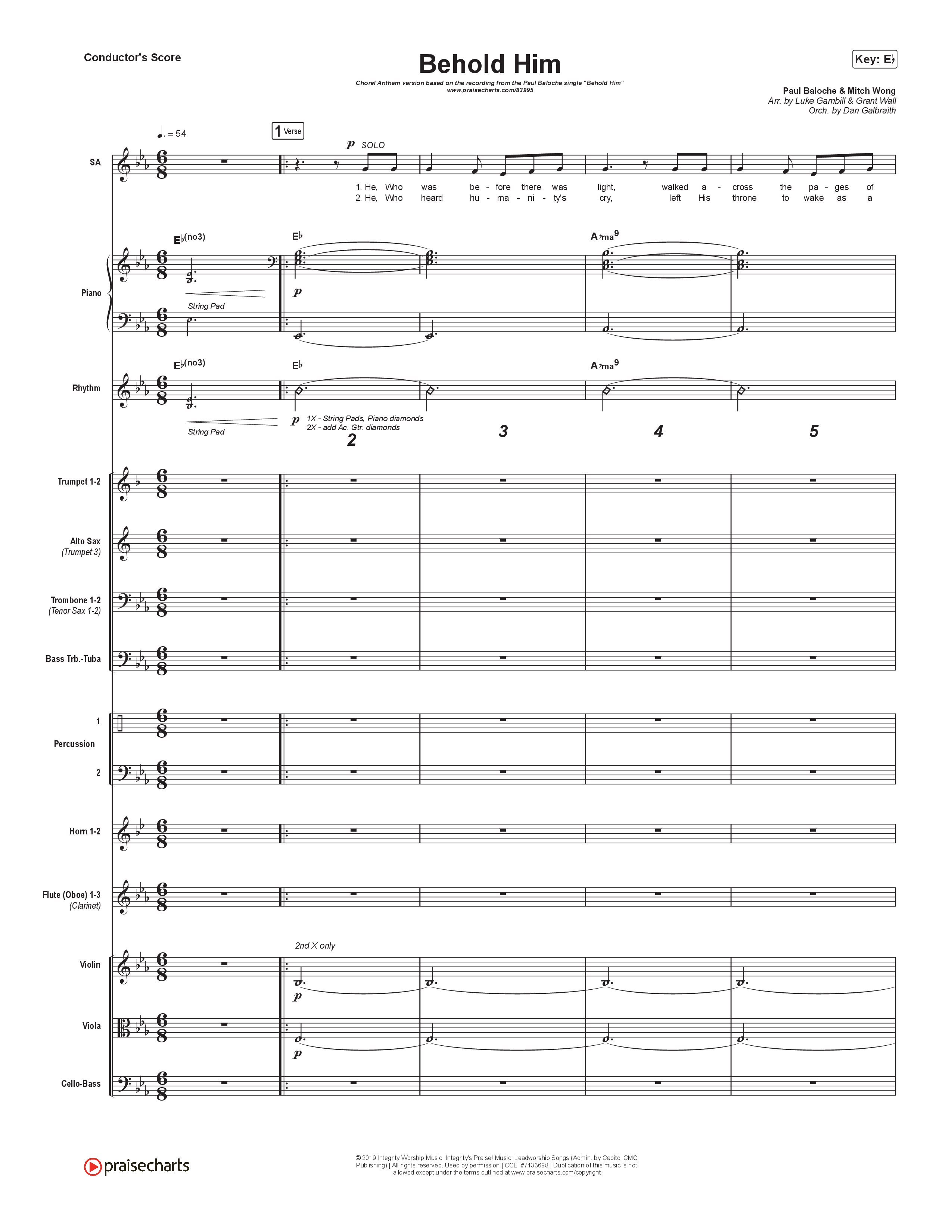 Behold Him (Choral Anthem SATB) Orchestration (Paul Baloche / Kim Walker-Smith / Arr. Luke Gambill)