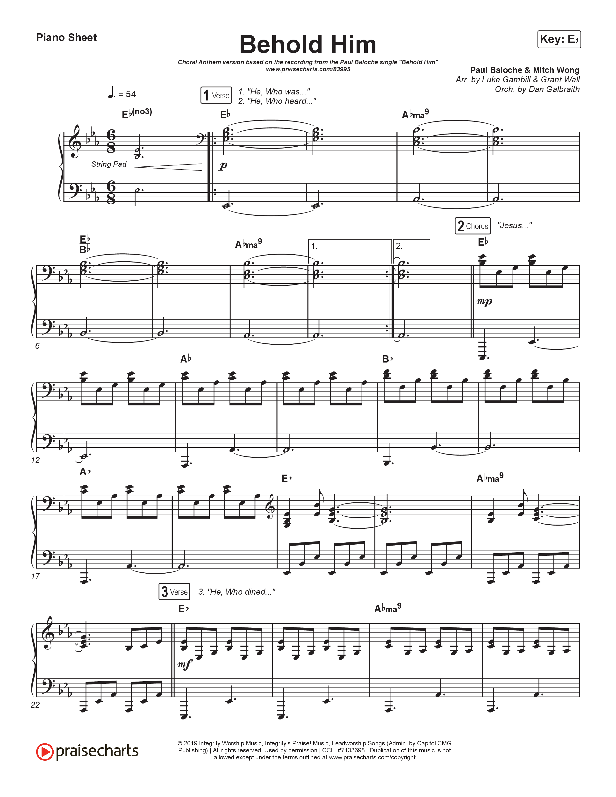 Behold Him (Choral Anthem SATB) Piano Sheet (Paul Baloche / Kim Walker-Smith / Arr. Luke Gambill)