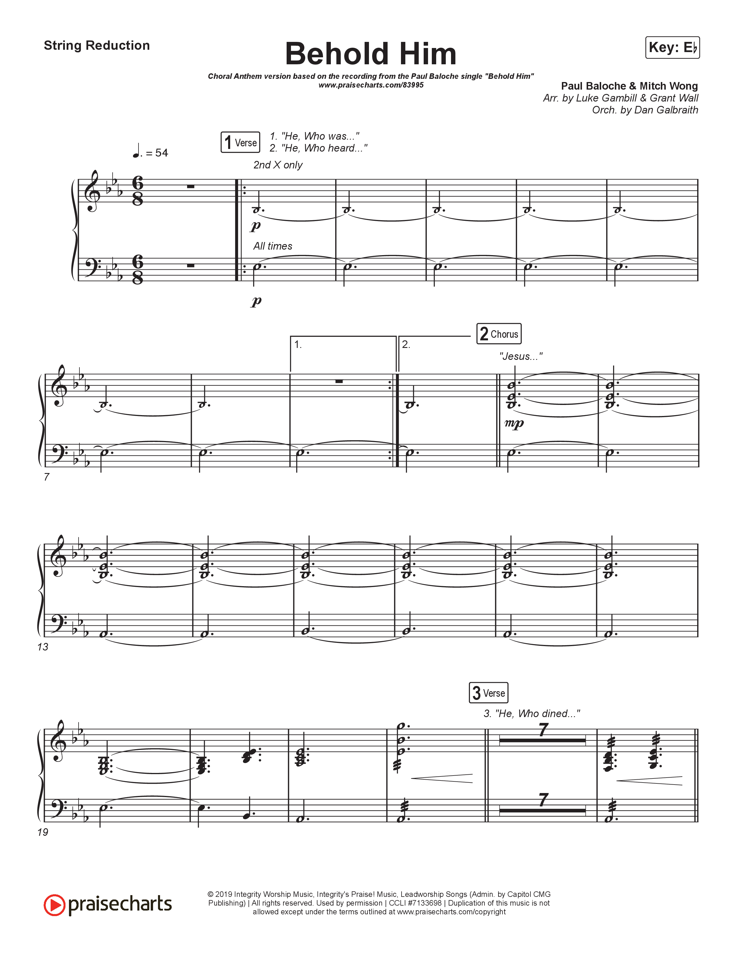 Behold Him (Choral Anthem SATB) String Reduction (Paul Baloche / Kim Walker-Smith / Arr. Luke Gambill)