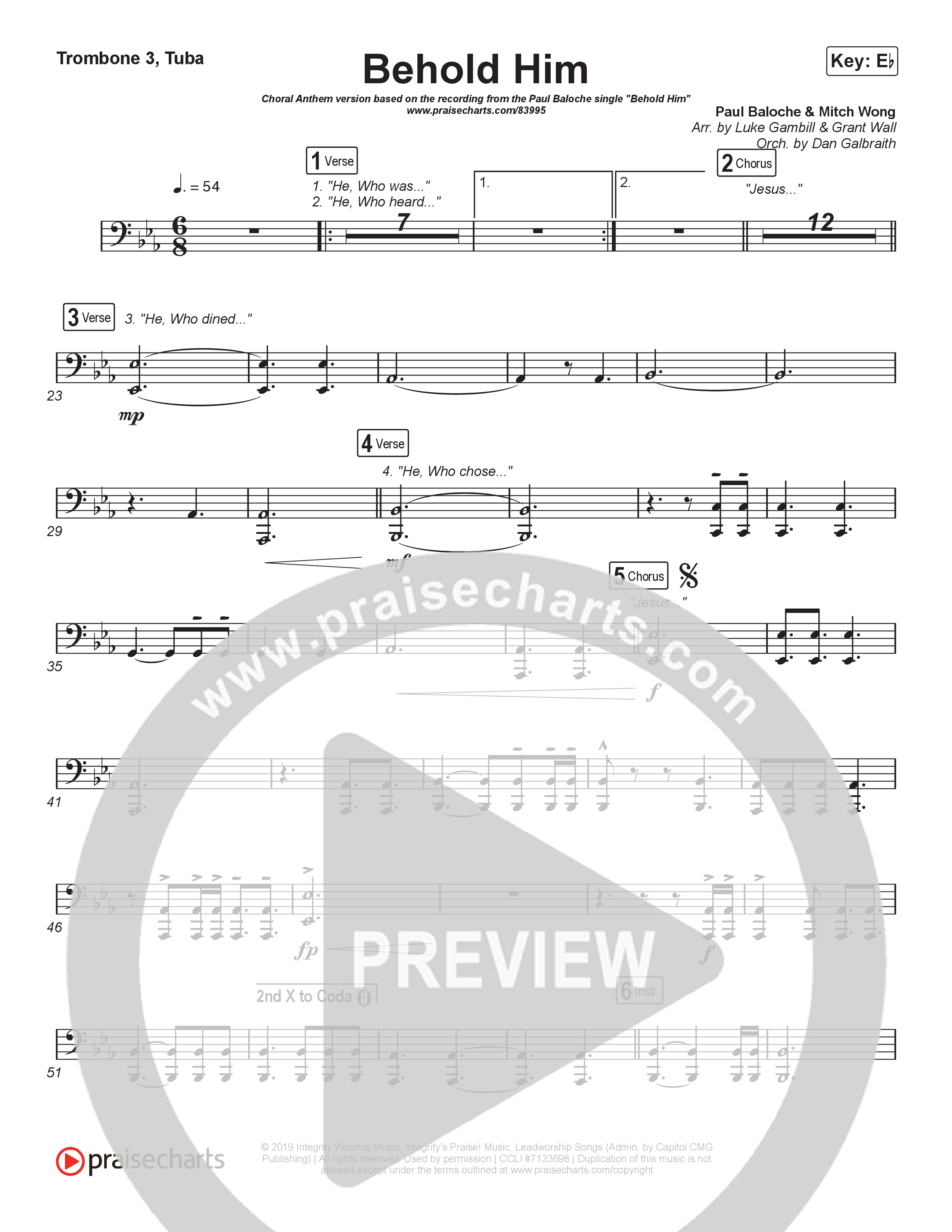 Behold Him (Choral Anthem SATB) Trombone 1,2 (Paul Baloche / Kim Walker-Smith / Arr. Luke Gambill)