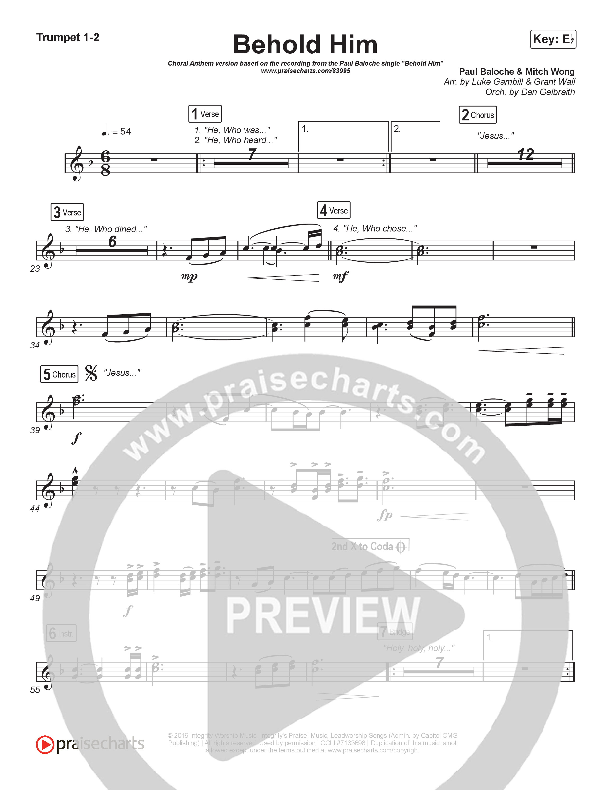 Behold Him (Choral Anthem SATB) Trumpet 1,2 (Paul Baloche / Kim Walker-Smith / Arr. Luke Gambill)