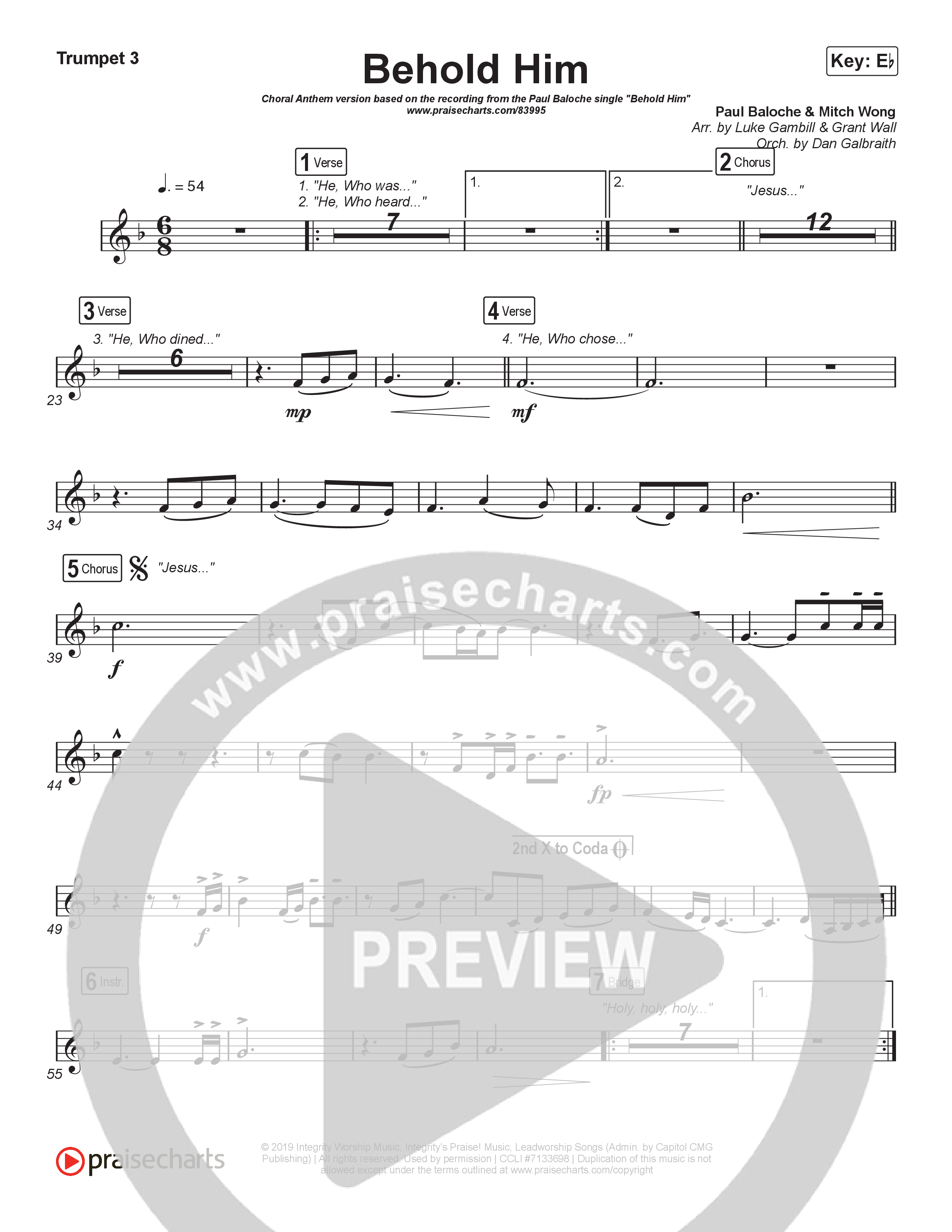 Behold Him (Choral Anthem SATB) Trumpet 1,2 (Paul Baloche / Kim Walker-Smith / Arr. Luke Gambill)