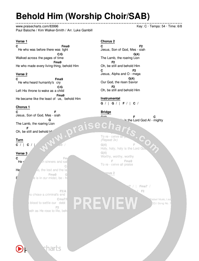 Behold Him (Worship Choir/SAB) Chords & Lyrics (Paul Baloche / Kim Walker-Smith / Arr. Luke Gambill)