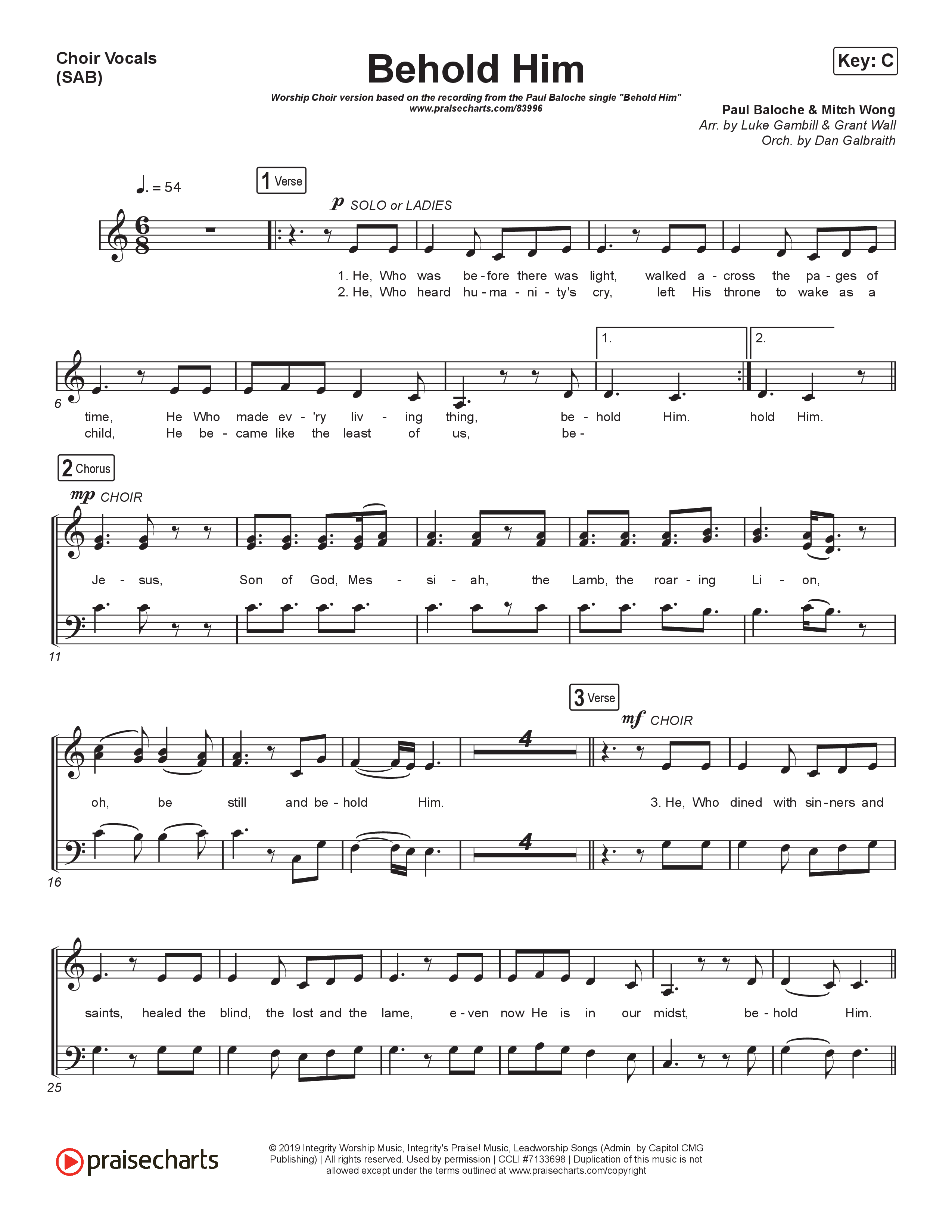 Behold Him (Worship Choir/SAB) Choir Sheet (SAB) (Paul Baloche / Kim Walker-Smith / Arr. Luke Gambill)