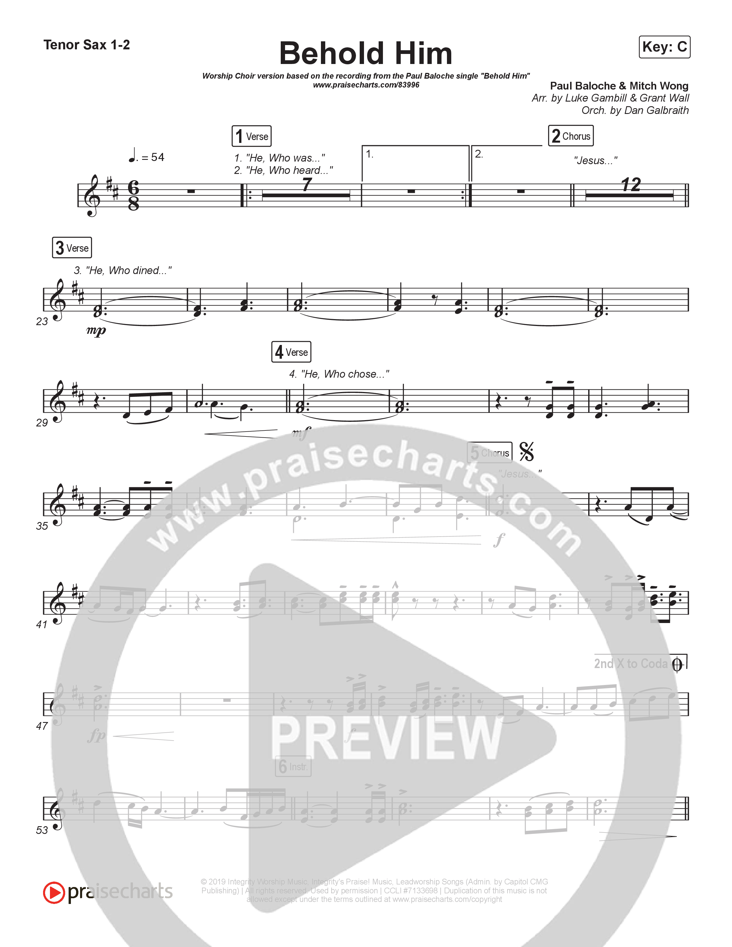 Behold Him (Worship Choir/SAB) Tenor Sax 1/2 (Paul Baloche / Kim Walker-Smith / Arr. Luke Gambill)