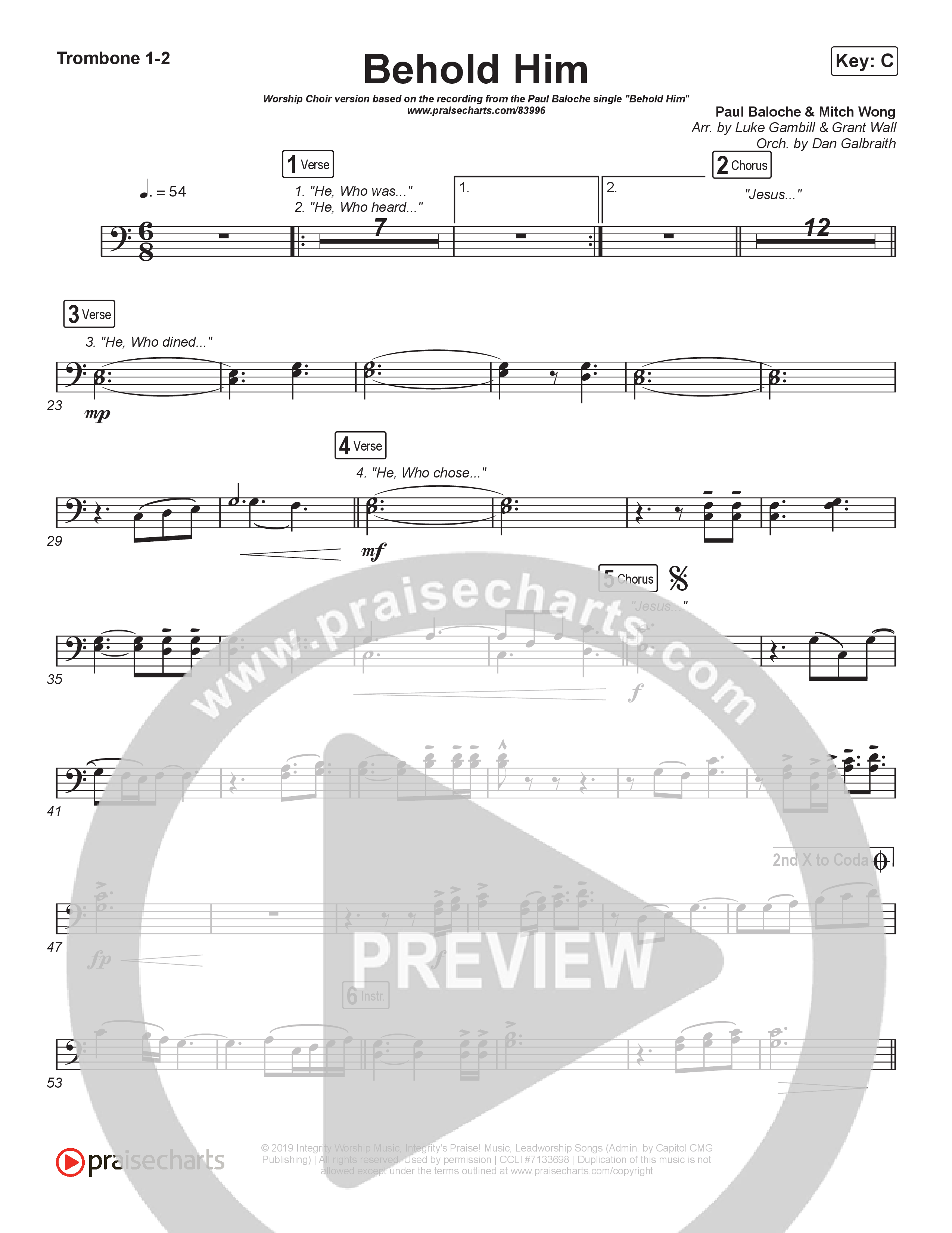 Behold Him (Worship Choir/SAB) Trombone 1/2 (Paul Baloche / Kim Walker-Smith / Arr. Luke Gambill)