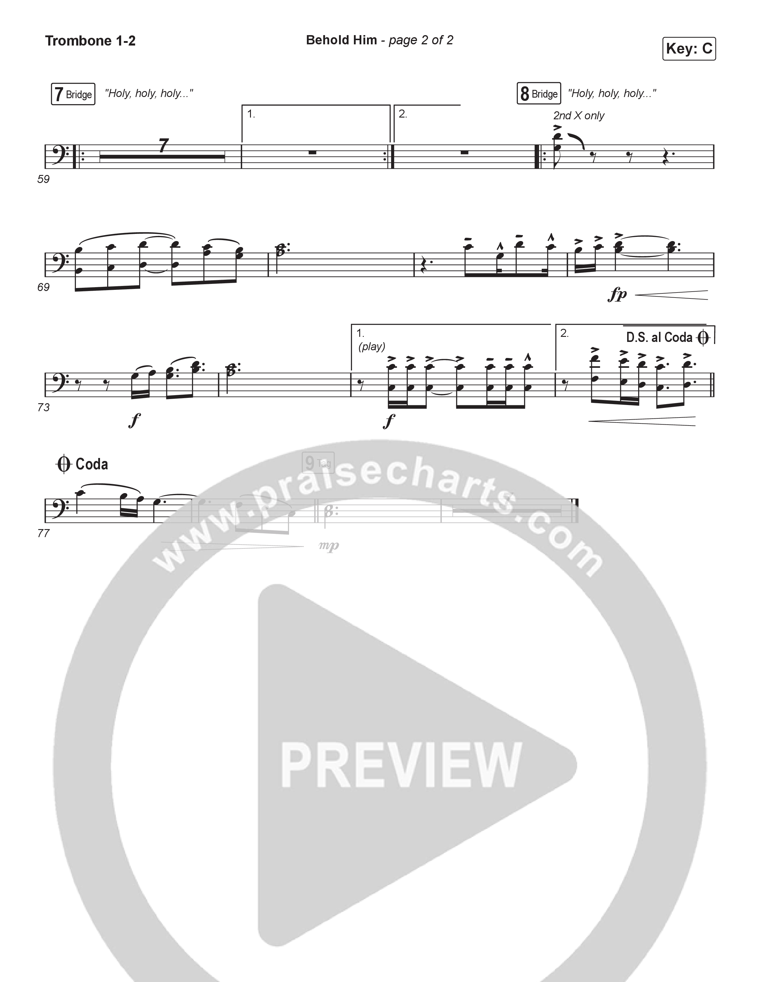 Behold Him (Worship Choir/SAB) Trombone 1/2 (Paul Baloche / Kim Walker-Smith / Arr. Luke Gambill)