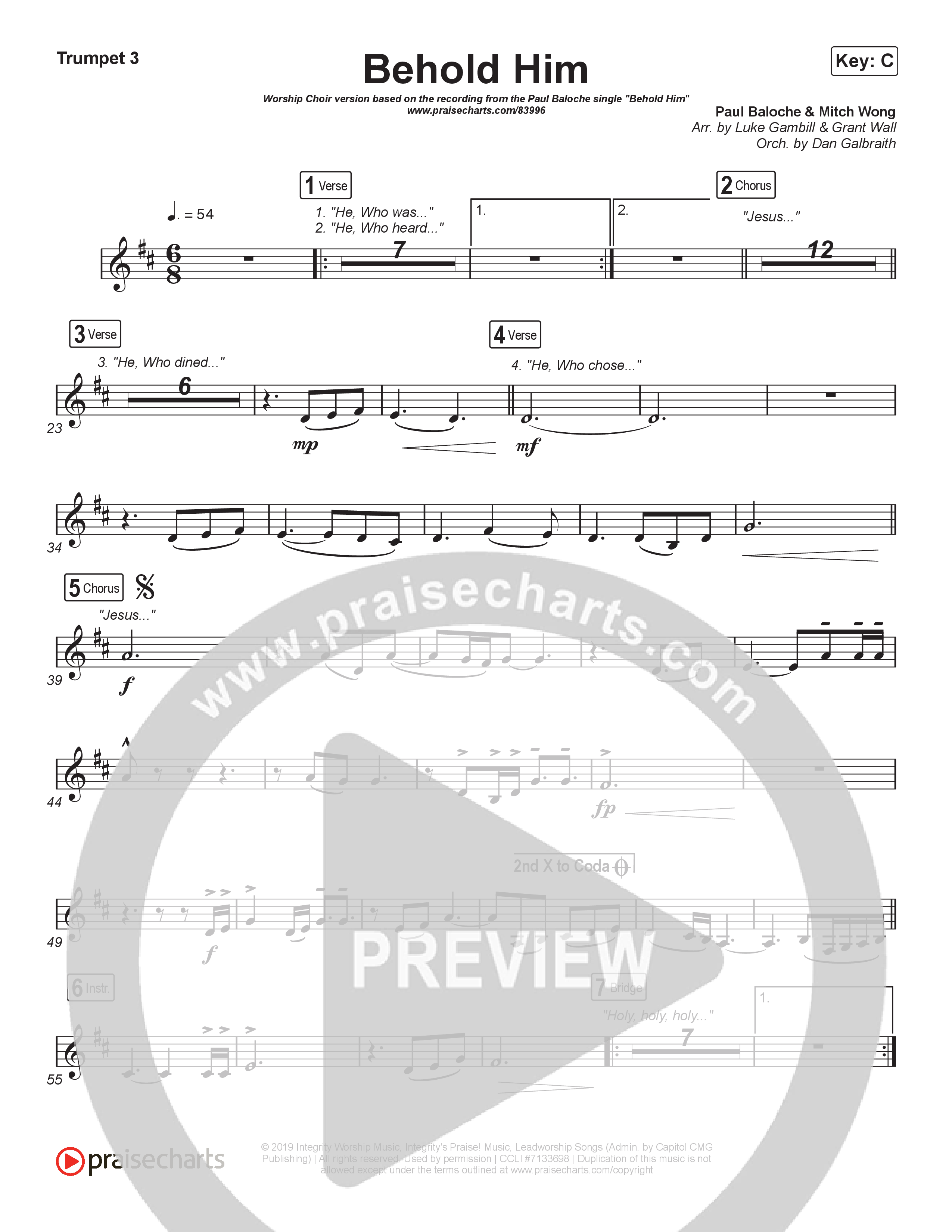 Behold Him (Worship Choir/SAB) Trumpet 3 (Paul Baloche / Kim Walker-Smith / Arr. Luke Gambill)