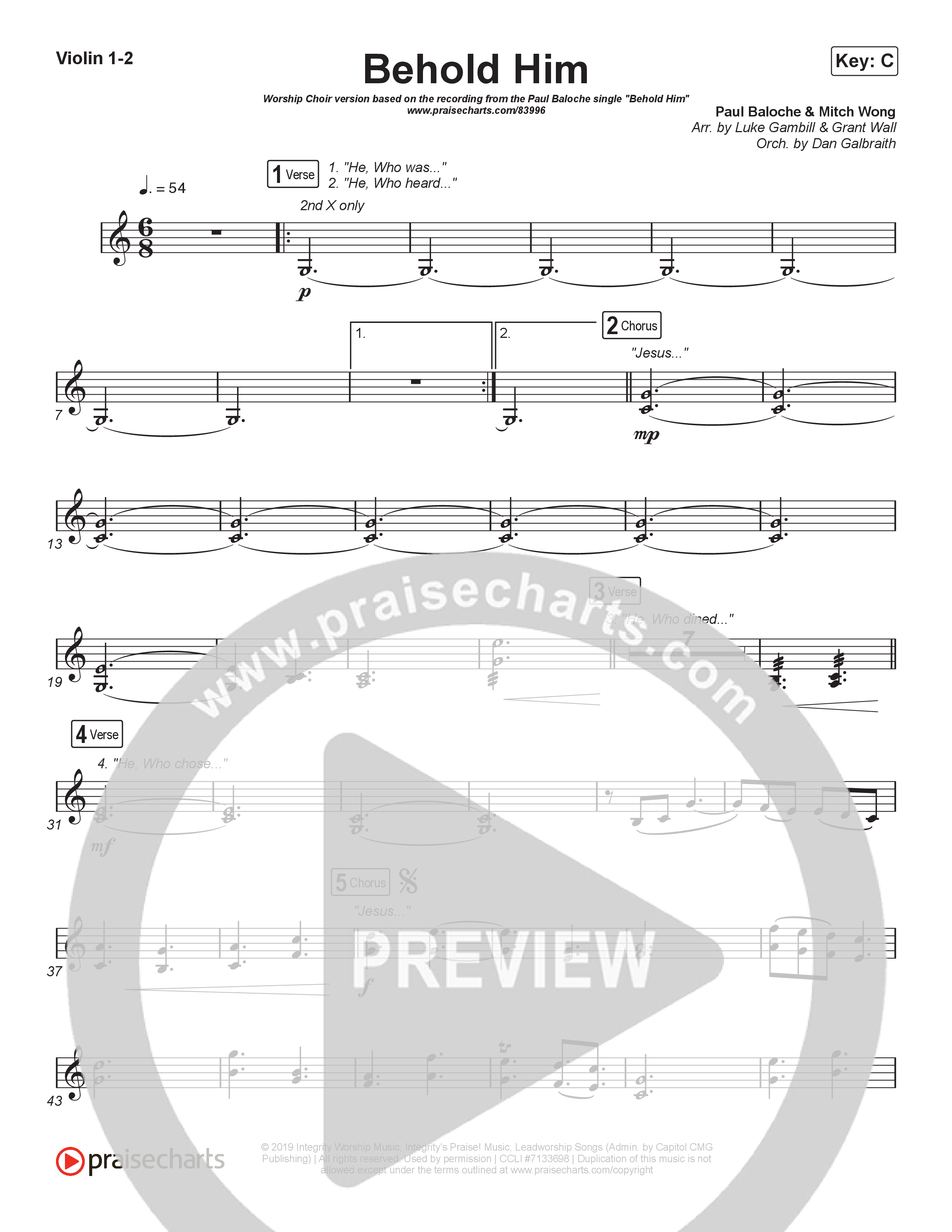 Behold Him (Worship Choir/SAB) Violin 1/2 (Paul Baloche / Kim Walker-Smith / Arr. Luke Gambill)