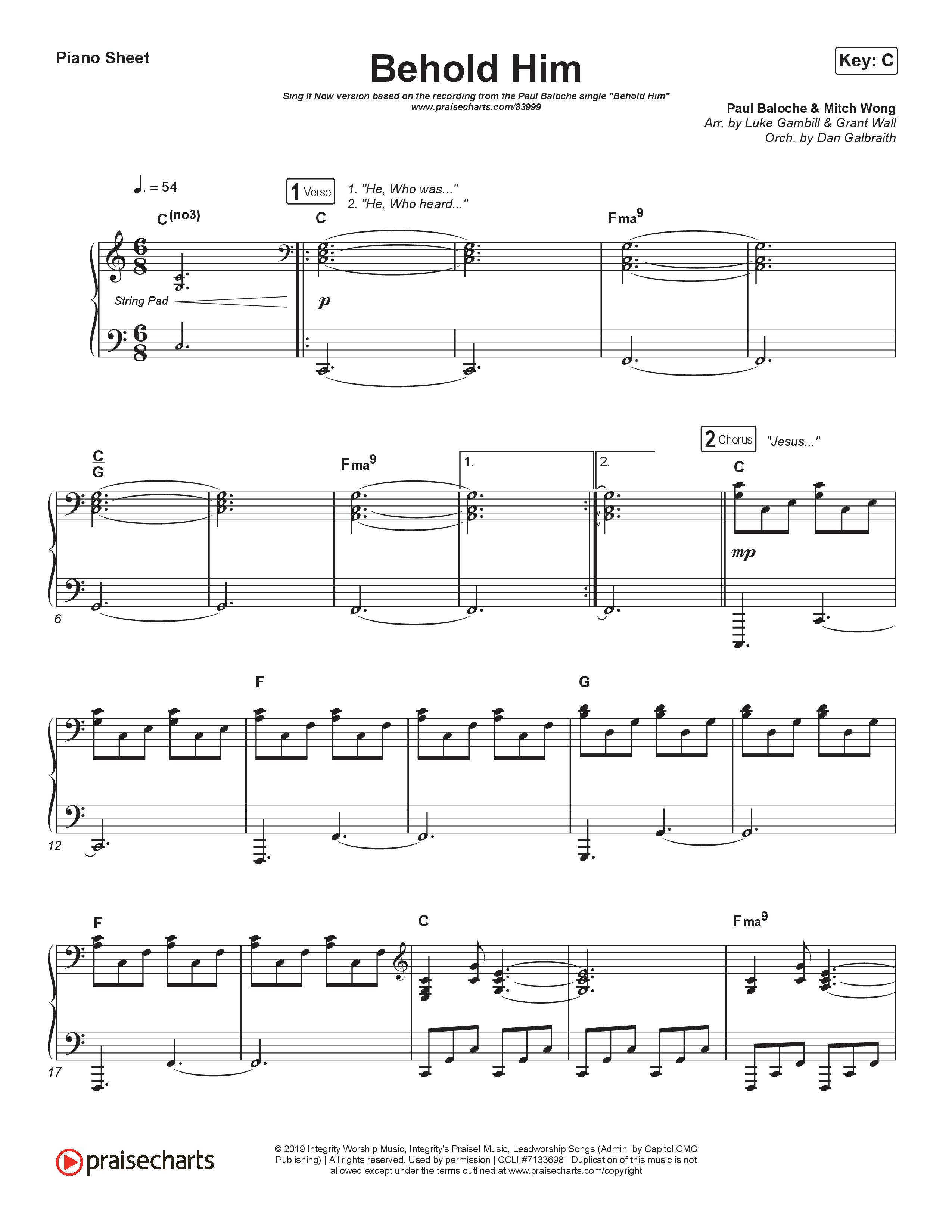 Behold Him (Sing It Now) Piano Sheet (Paul Baloche / Kim Walker-Smith / Arr. Luke Gambill)