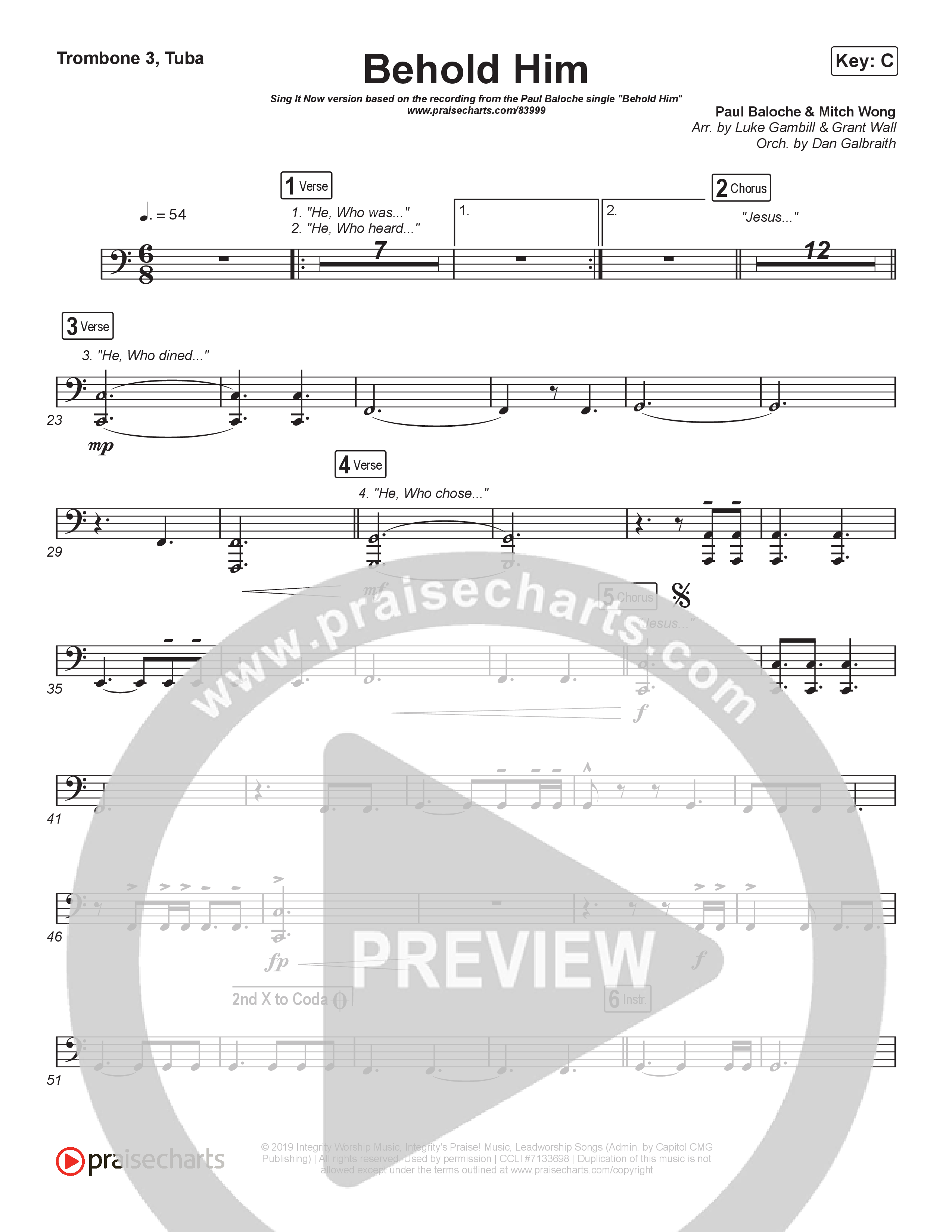 Behold Him (Sing It Now) Trombone 3/Tuba (Paul Baloche / Kim Walker-Smith / Arr. Luke Gambill)