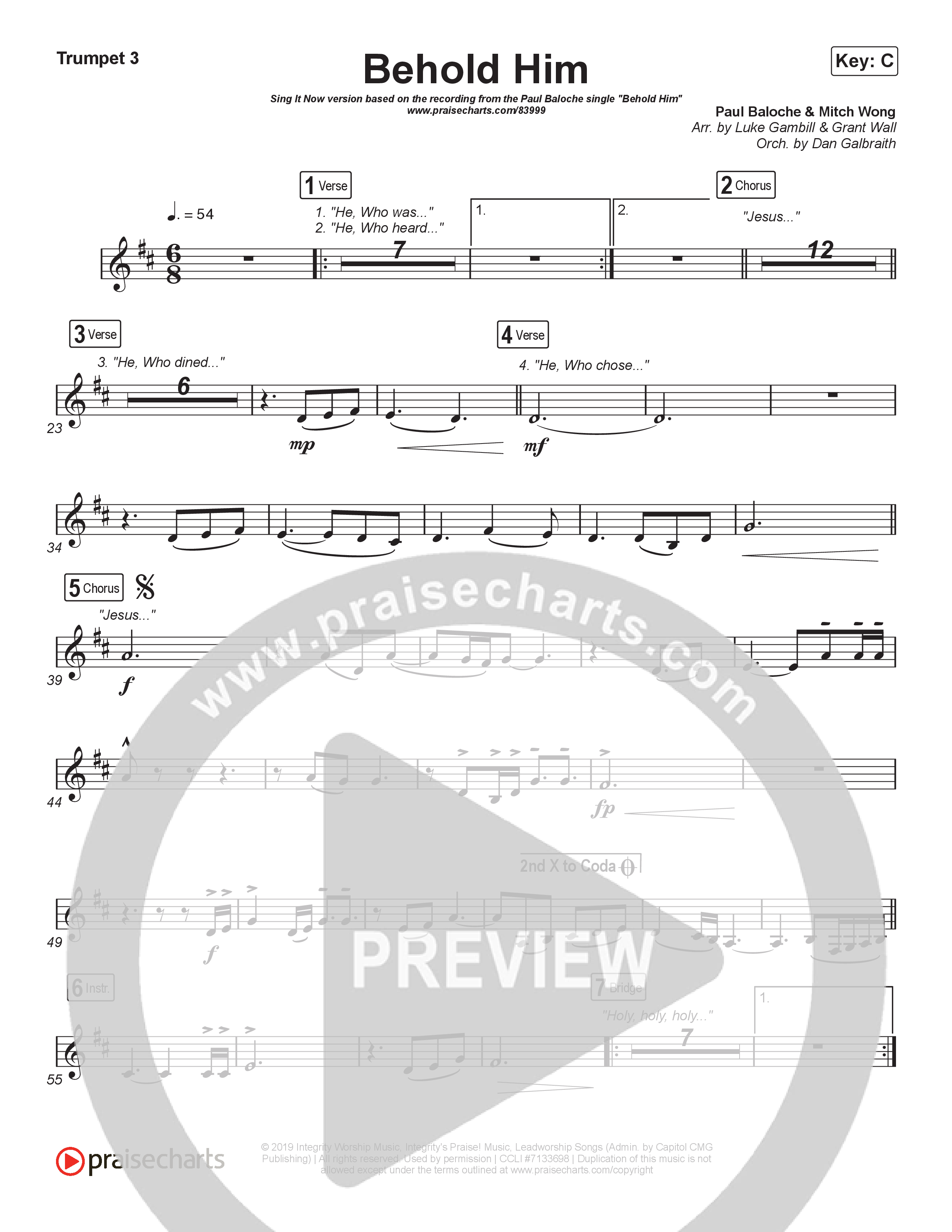 Behold Him (Sing It Now) Trumpet 3 (Paul Baloche / Kim Walker-Smith / Arr. Luke Gambill)