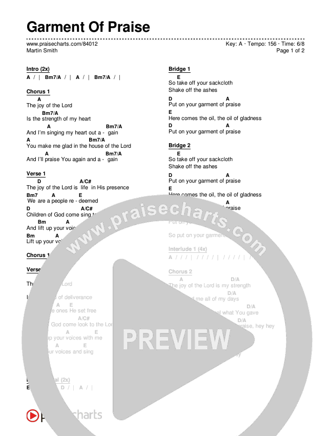 Garment Of Praise Chords & Lyrics (Martin Smith)
