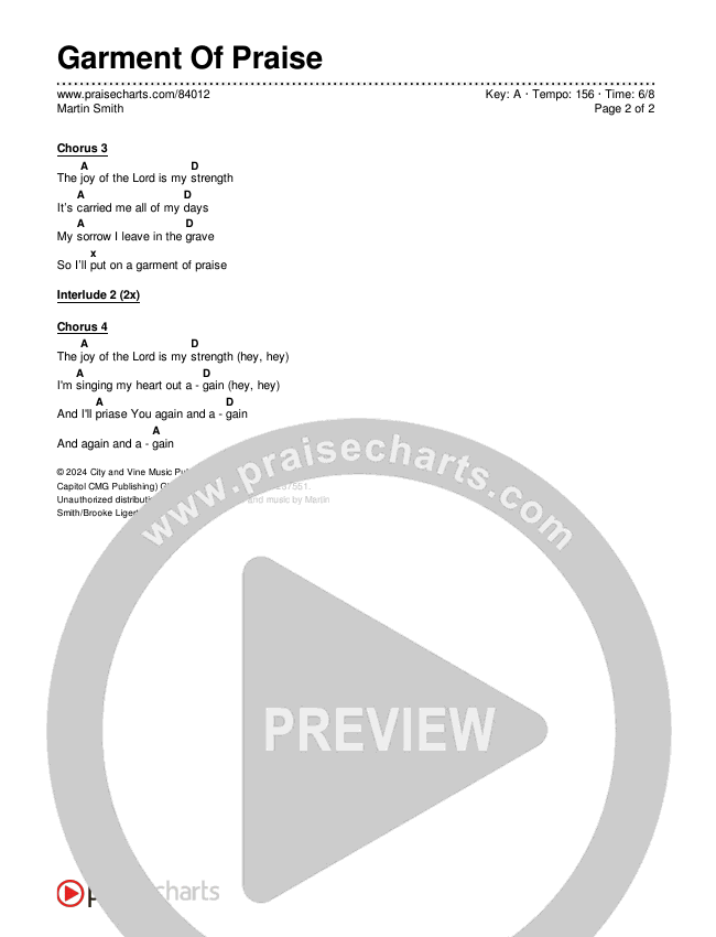 Garment Of Praise Chords & Lyrics (Martin Smith)