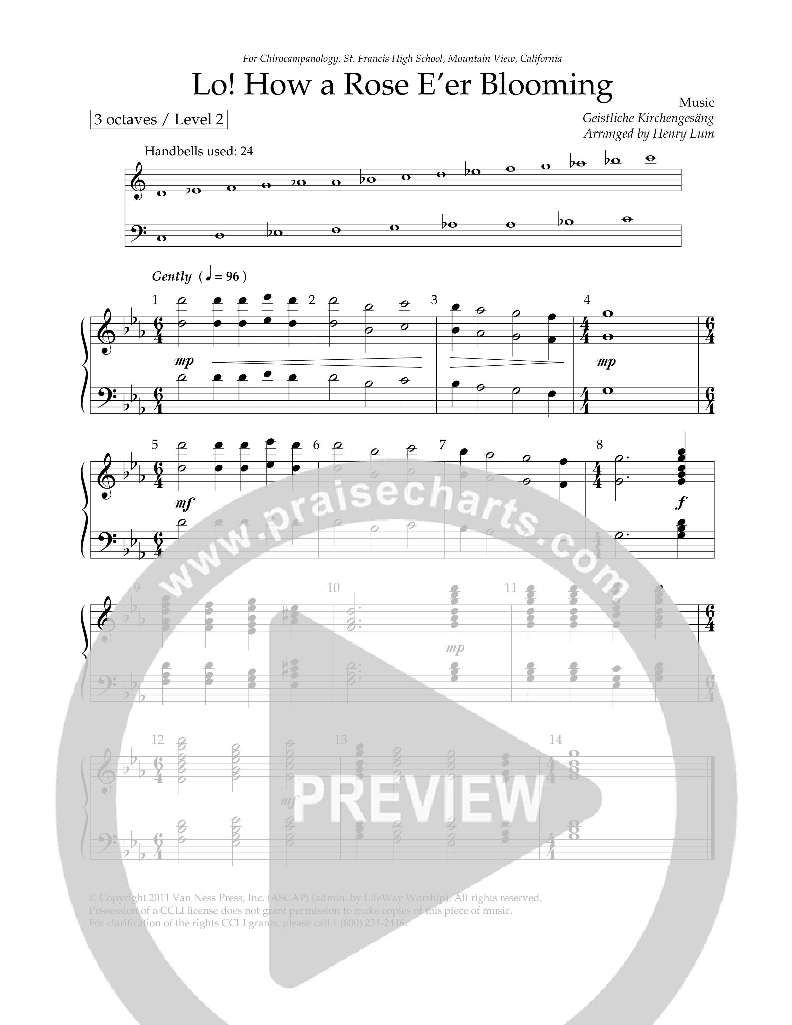 Lo How A Rose Eer Blooming (Handbells) Handbells (Lifeway Worship / Arr. Henry Lum)