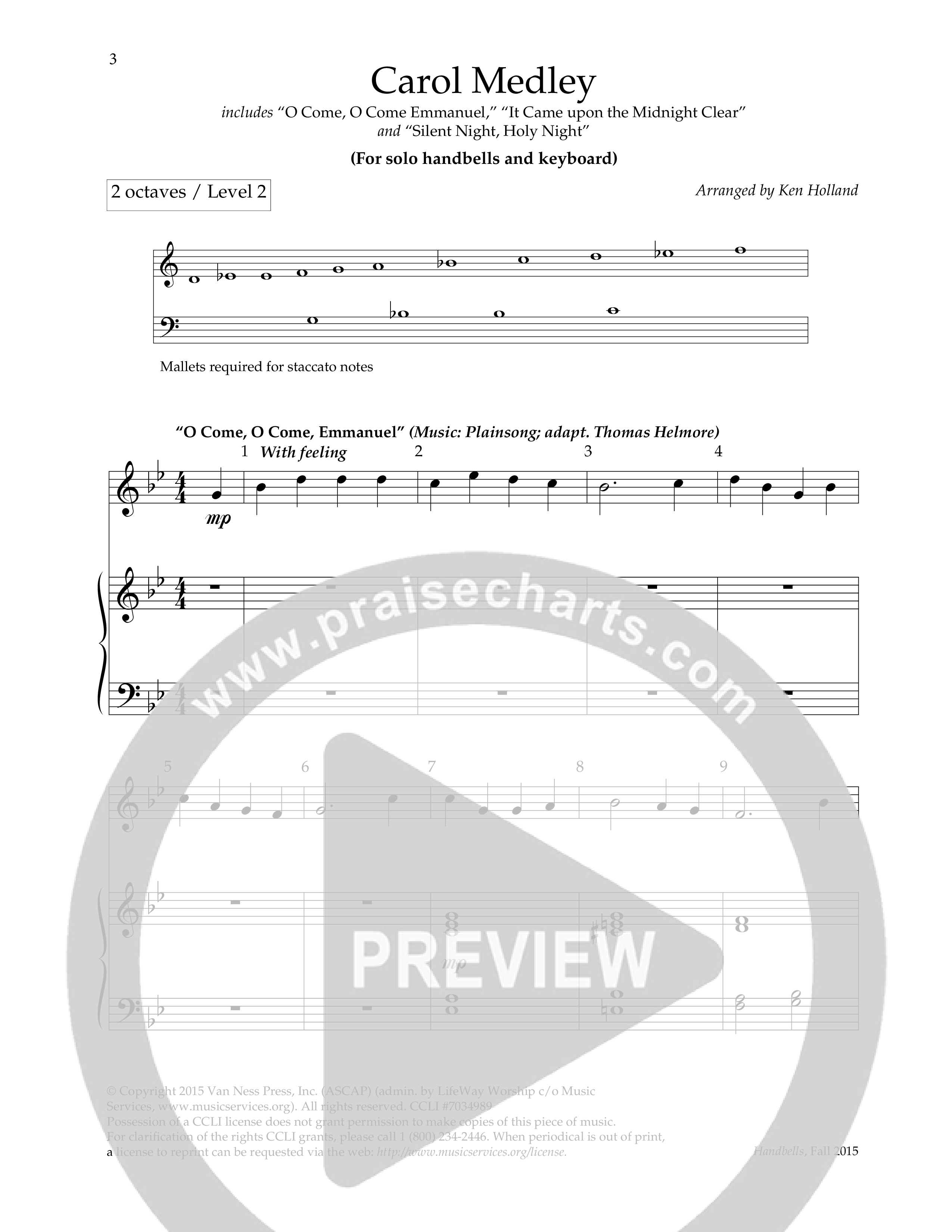 Carol Medley (with O Come O Come Emmanuel, It Came Upon The Midnight Clear, Silent Night Holy Night) (Handbells) Handbells (Lifeway Worship / Arr. Ken Holland)