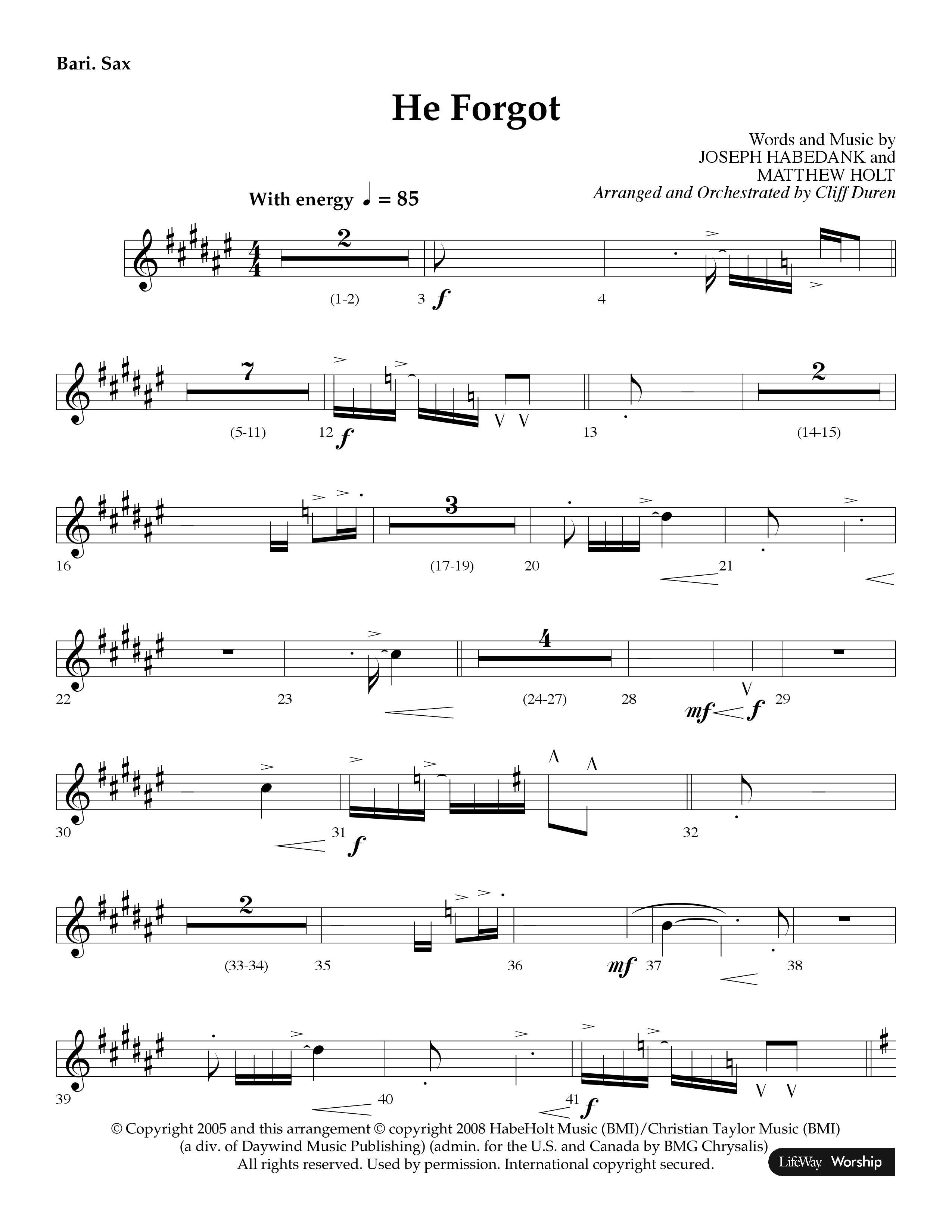 He Forgot (Choral Anthem SATB) Bari Sax (Lifeway Choral / Arr. Cliff Duren)