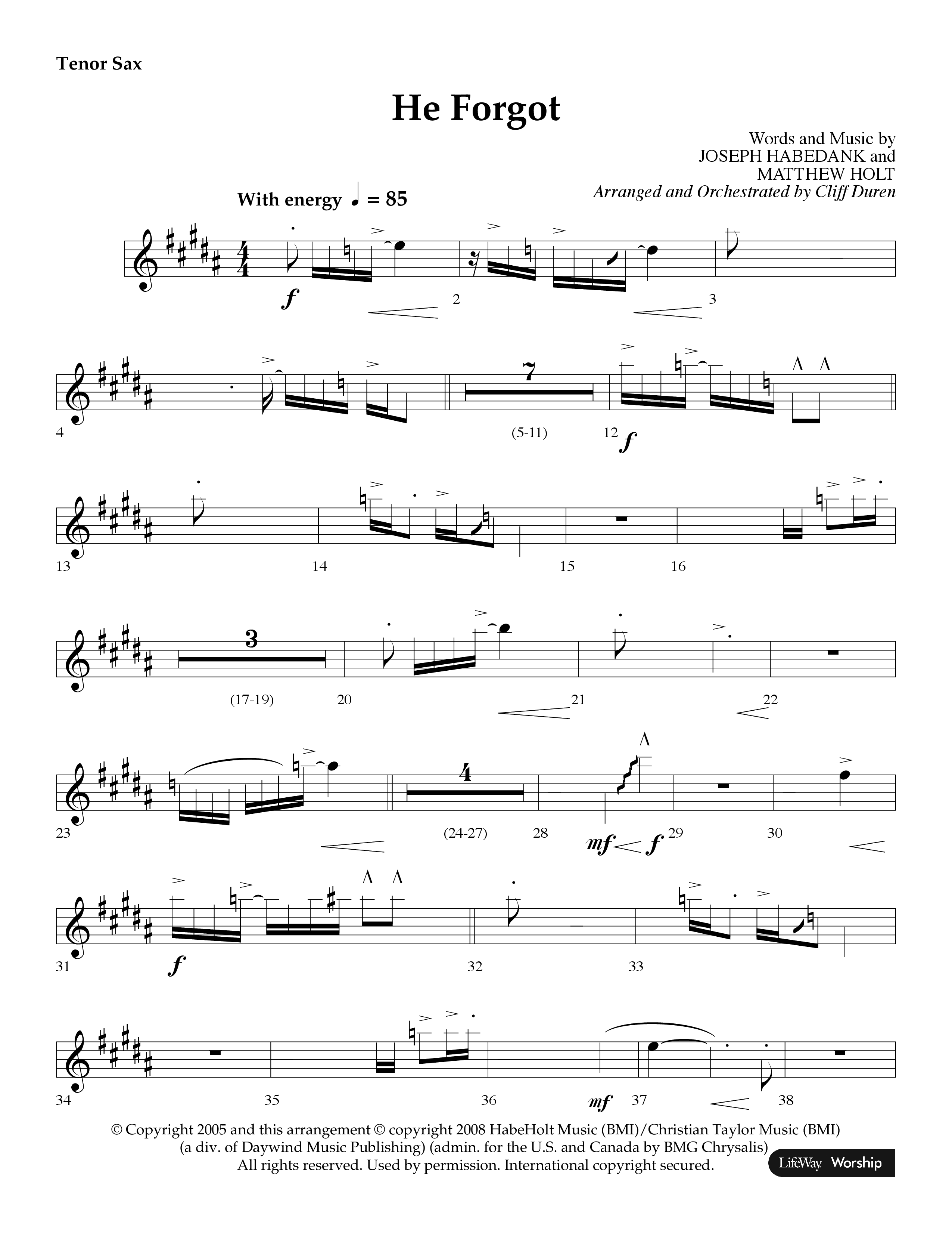 He Forgot (Choral Anthem SATB) Tenor Sax 1 (Lifeway Choral / Arr. Cliff Duren)