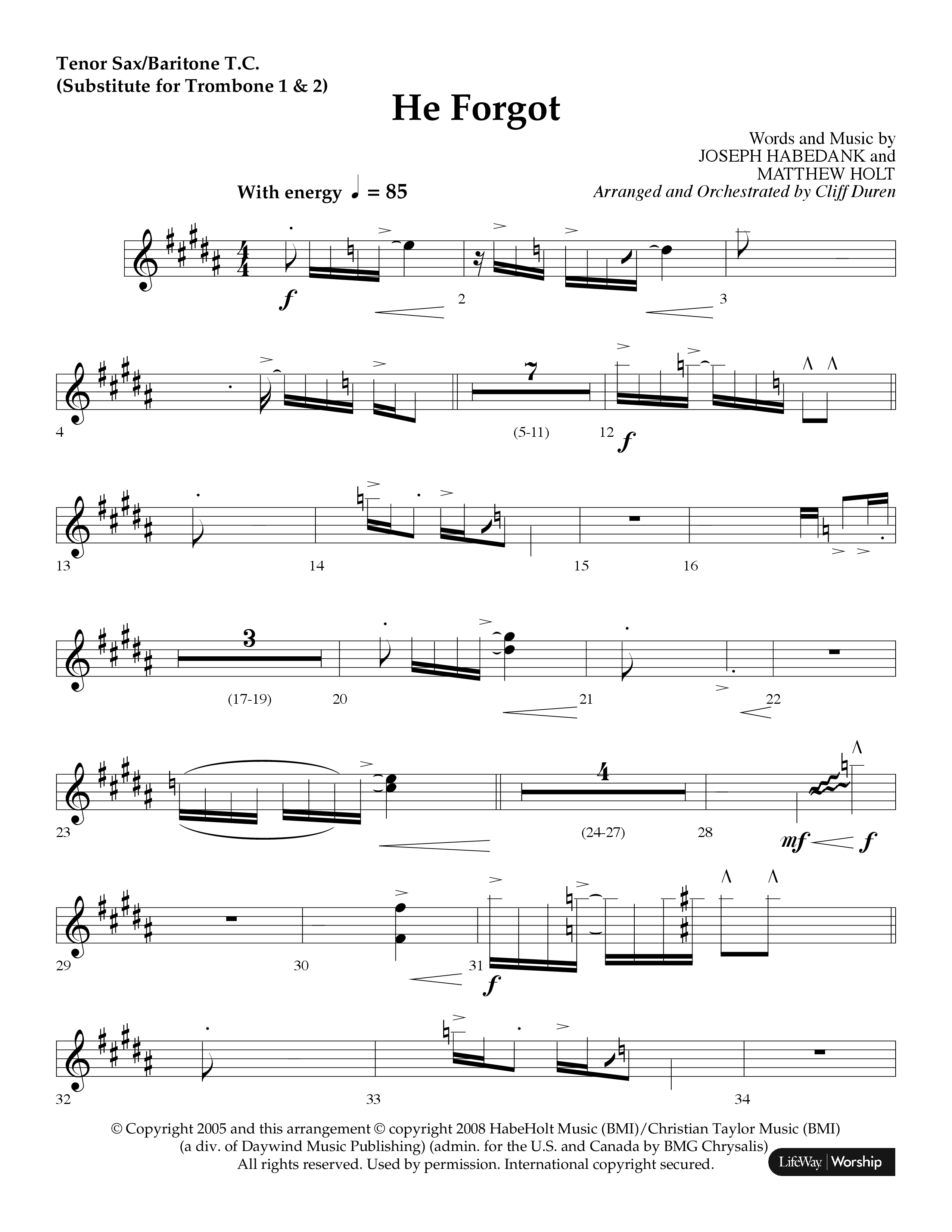 He Forgot (Choral Anthem SATB) Tenor Sax/Baritone T.C. (Lifeway Choral / Arr. Cliff Duren)
