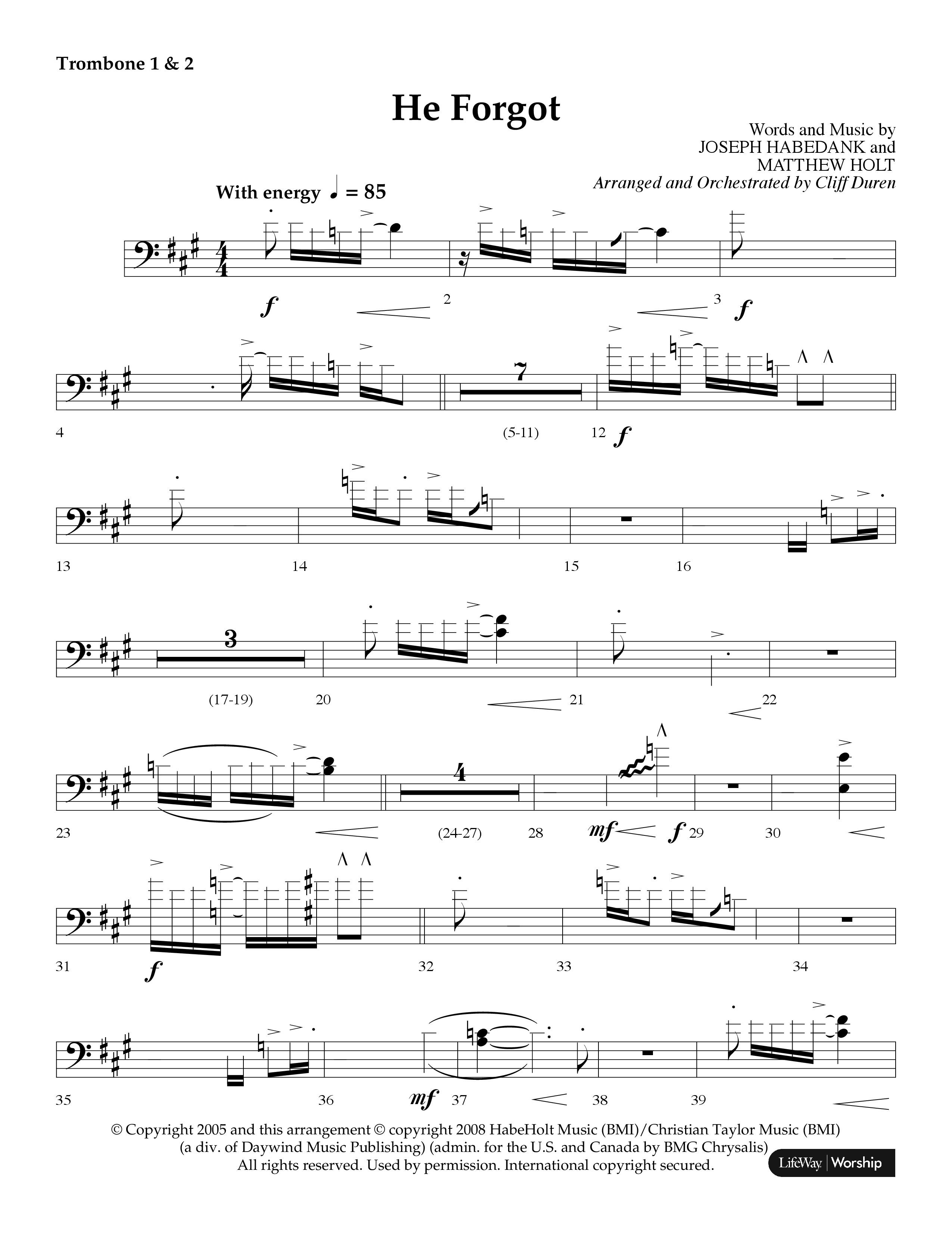 He Forgot (Choral Anthem SATB) Trombone 1/2 (Lifeway Choral / Arr. Cliff Duren)