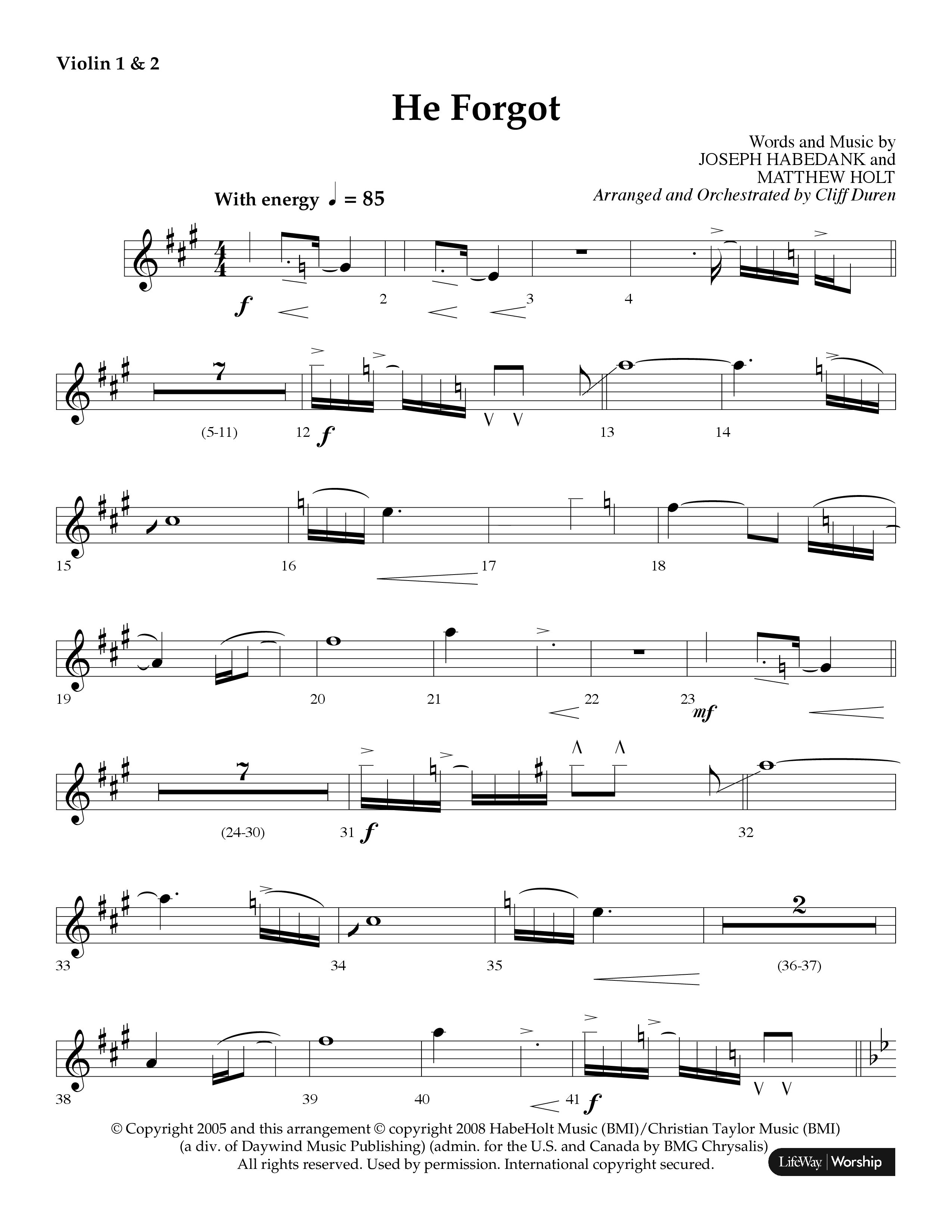 He Forgot (Choral Anthem SATB) Violin 1/2 (Lifeway Choral / Arr. Cliff Duren)