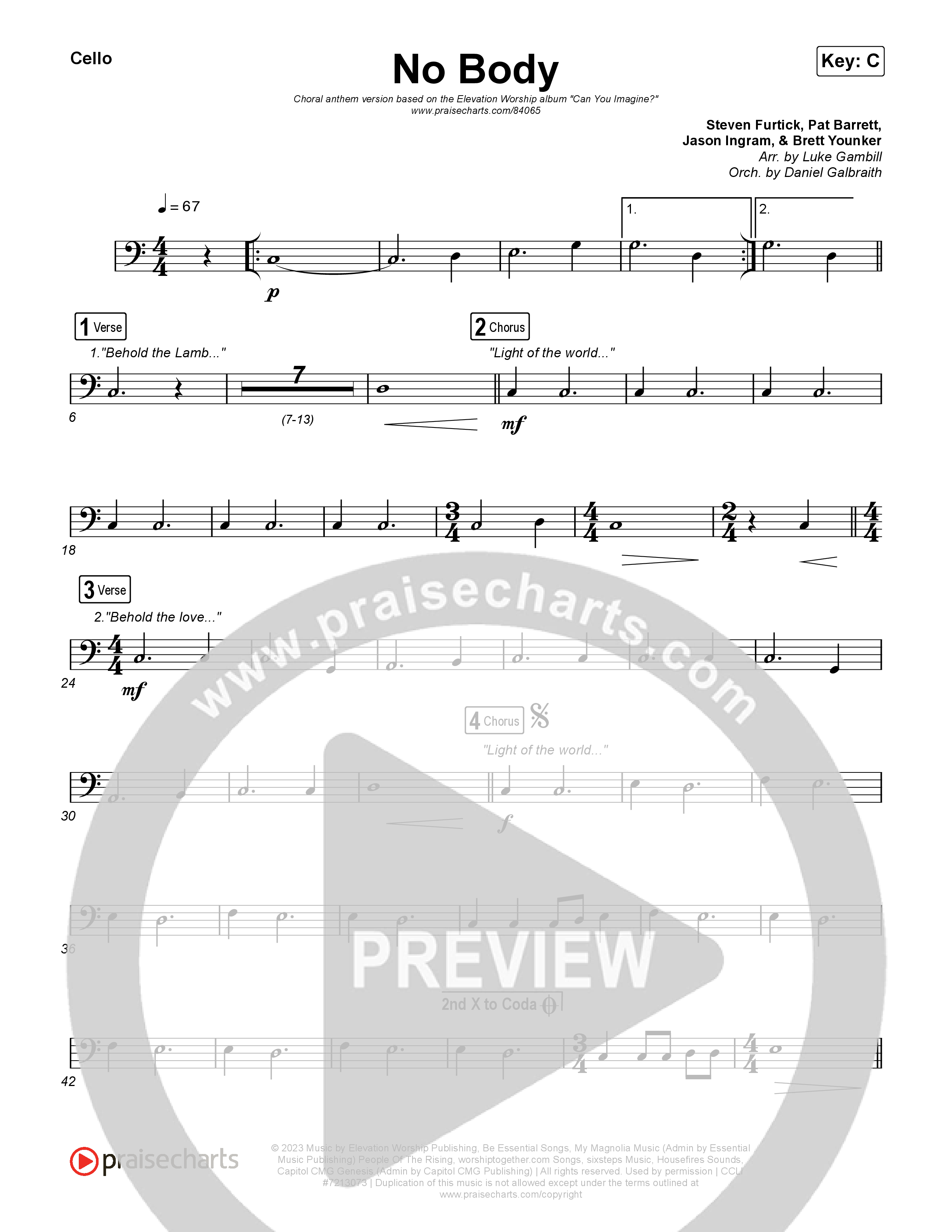 No Body (Choral Anthem SATB) Cello (Elevation Worship / Jonsal Barrientes / Arr. Luke Gambill)