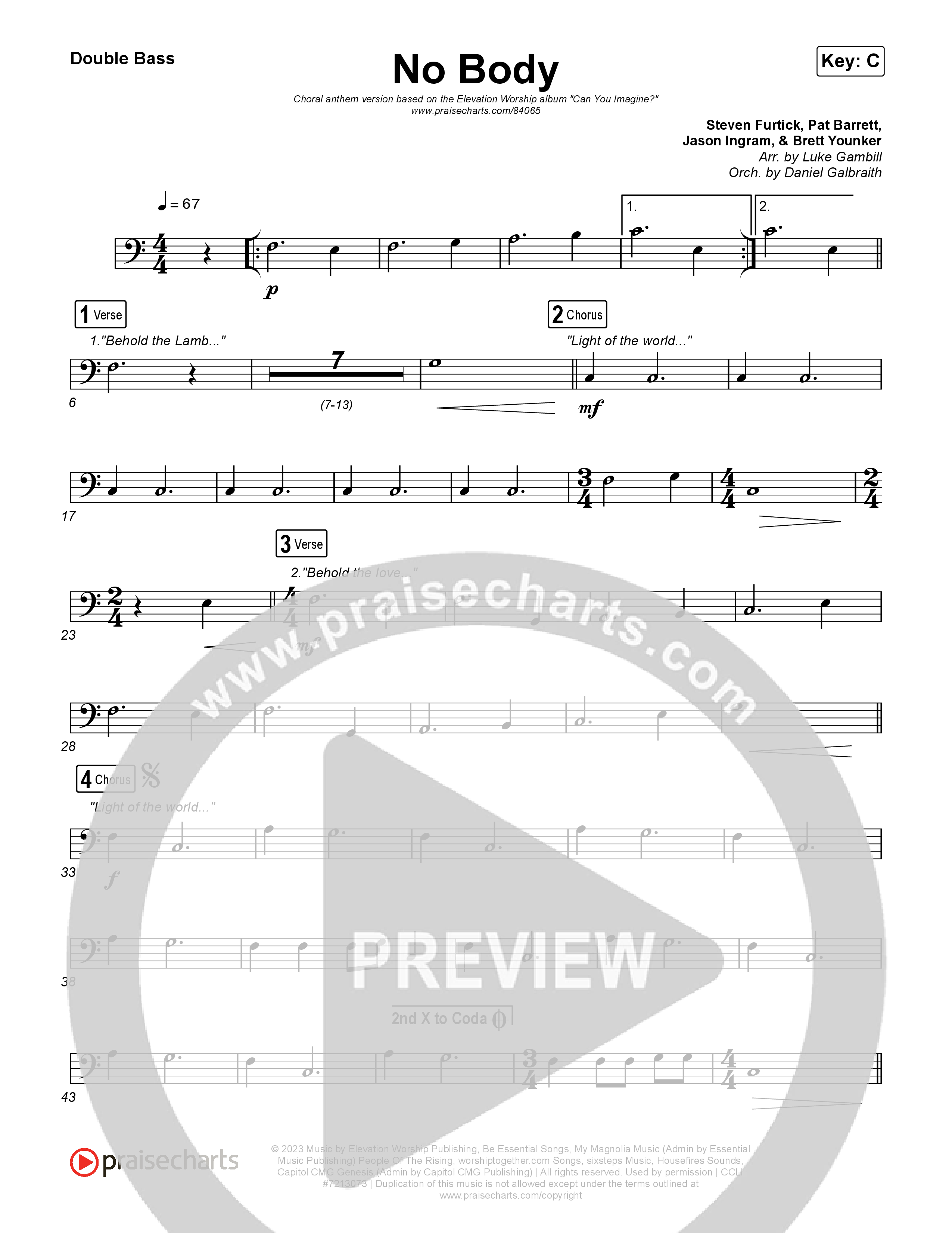 No Body (Choral Anthem SATB) String Bass (Elevation Worship / Jonsal Barrientes / Arr. Luke Gambill)