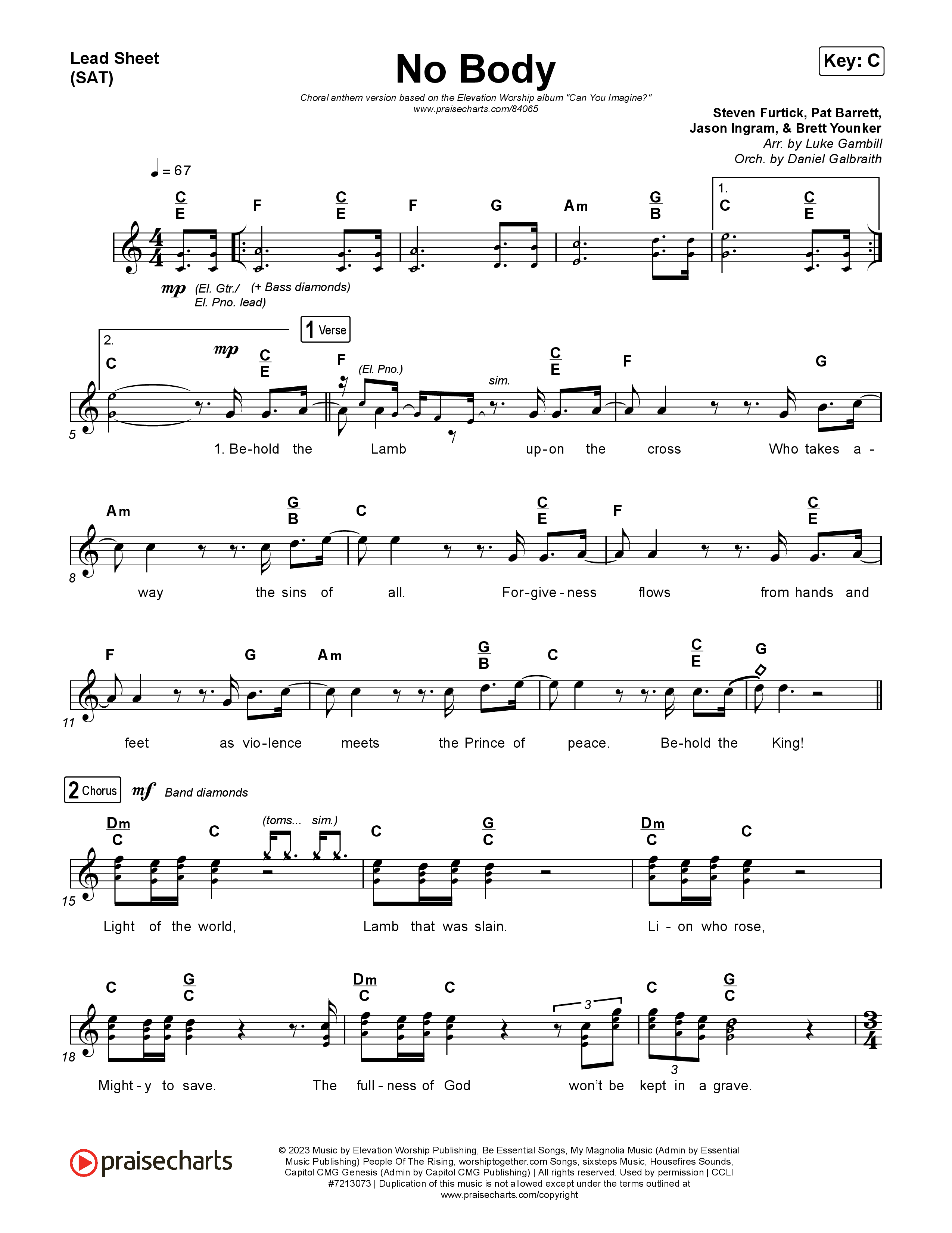 No Body (Choral Anthem SATB) Lead Sheet (SAT) (Elevation Worship / Jonsal Barrientes / Arr. Luke Gambill)