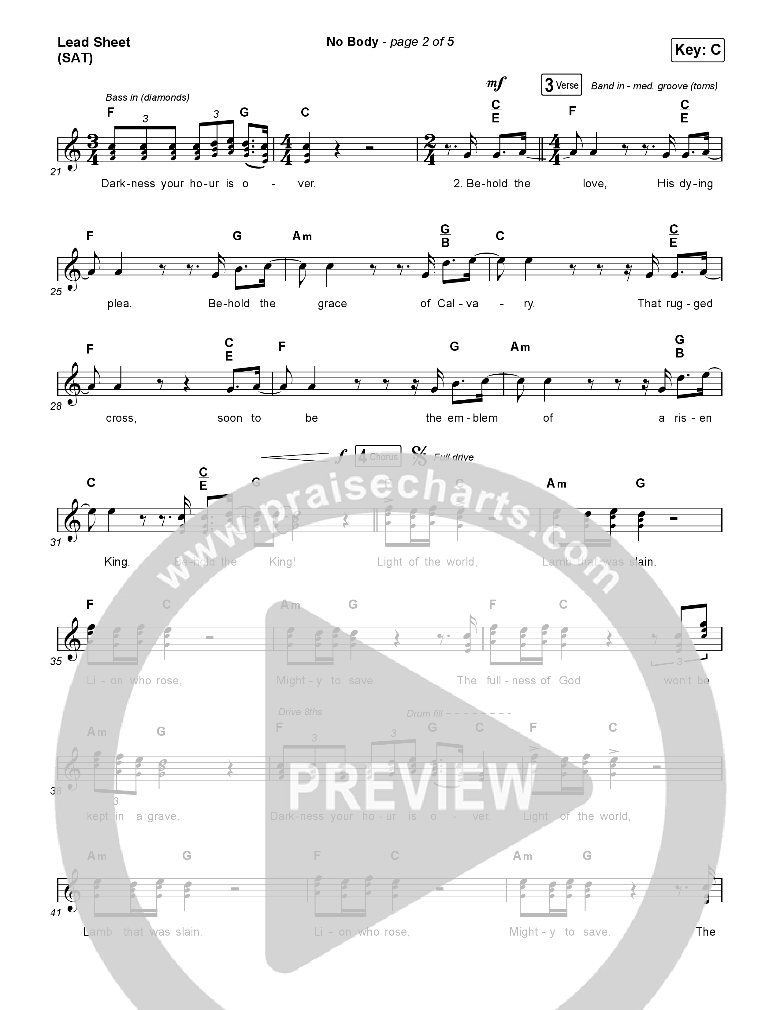 No Body (Choral Anthem SATB) Lead Sheet (SAT) (Elevation Worship / Jonsal Barrientes / Arr. Luke Gambill)