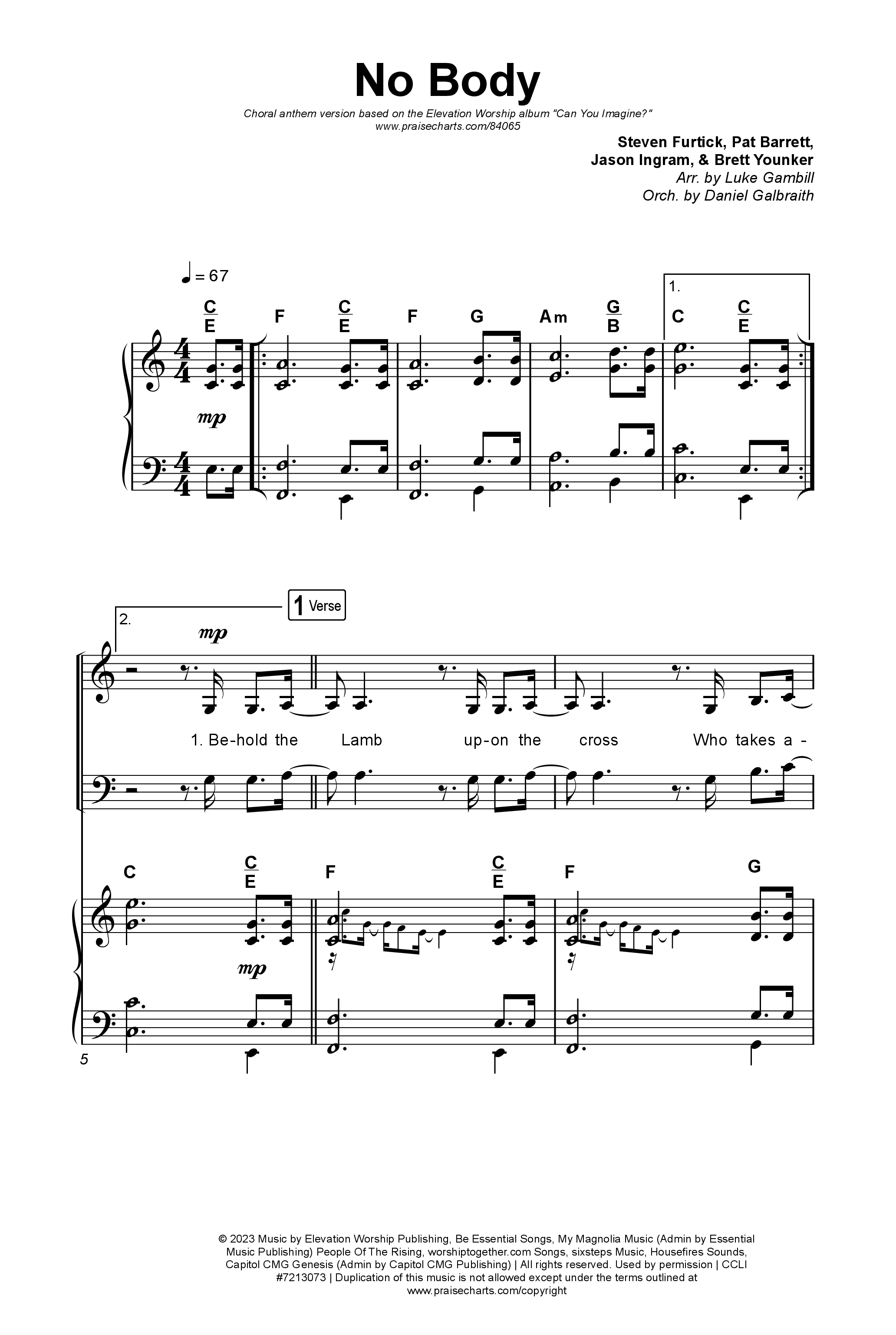 No Body (Choral Anthem SATB) Octavo (SATB & Pno) (Elevation Worship / Jonsal Barrientes / Arr. Luke Gambill)