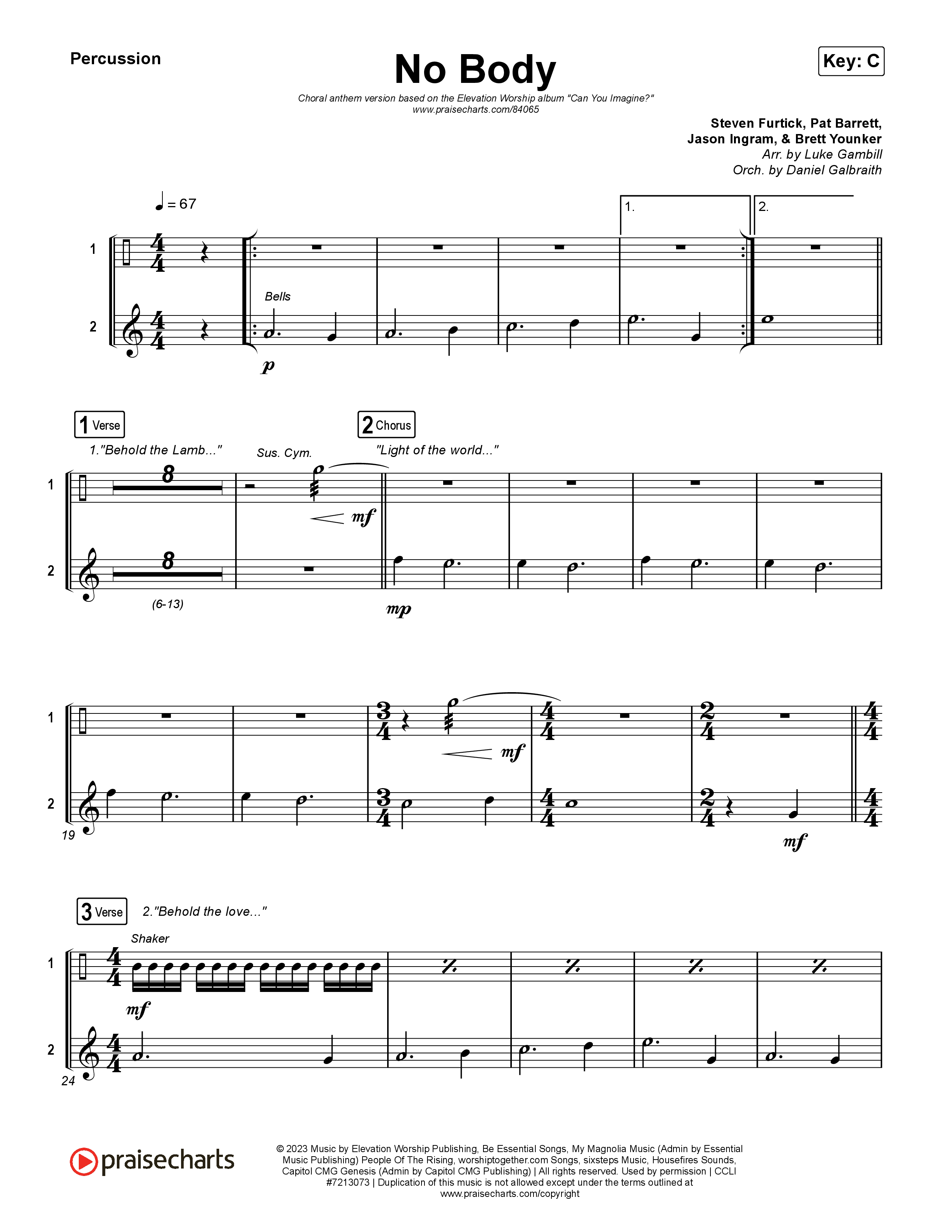 No Body (Choral Anthem SATB) Percussion (Elevation Worship / Jonsal Barrientes / Arr. Luke Gambill)