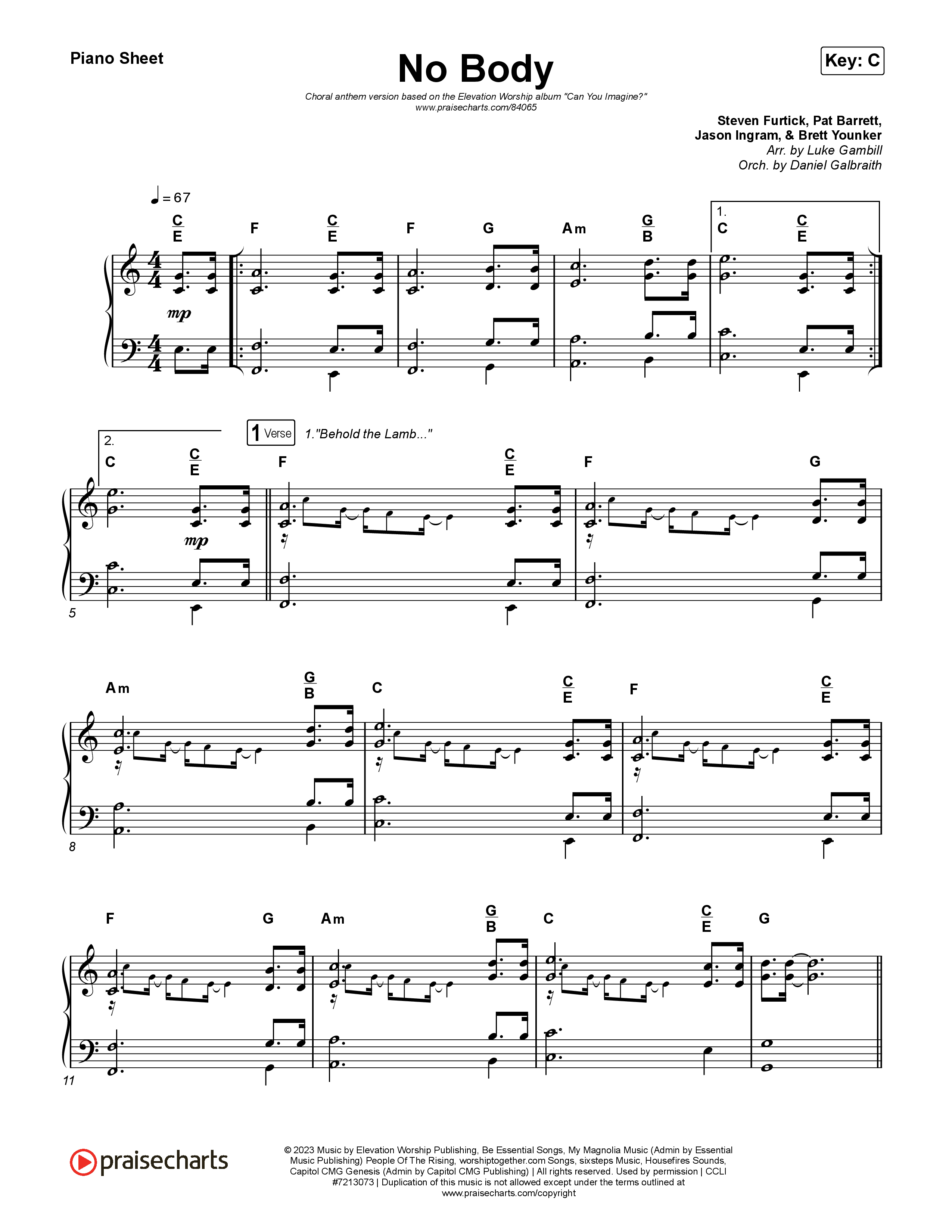 No Body (Choral Anthem SATB) Piano Sheet (Elevation Worship / Jonsal Barrientes / Arr. Luke Gambill)