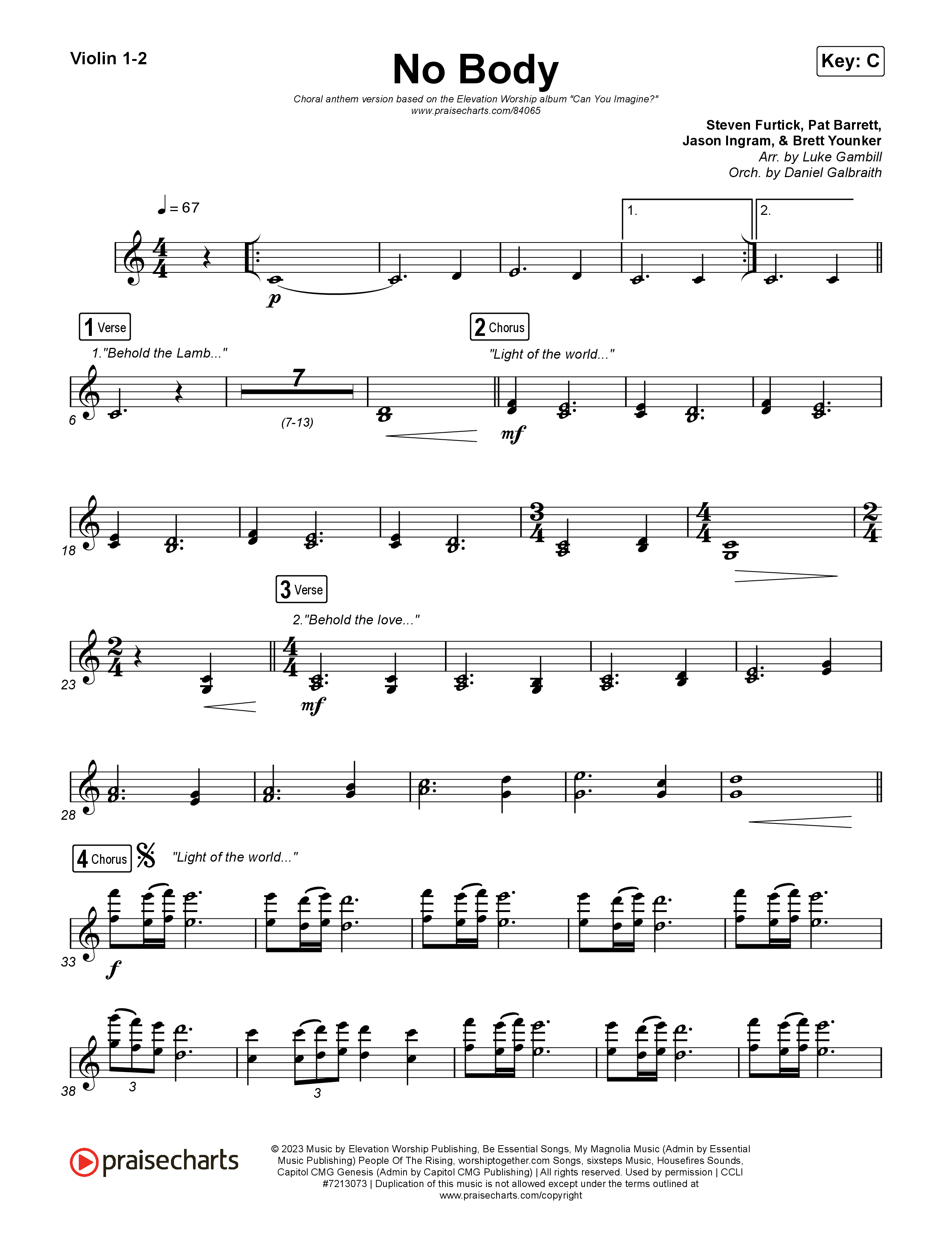 No Body (Choral Anthem SATB) Violin 1,2 (Elevation Worship / Jonsal Barrientes / Arr. Luke Gambill)