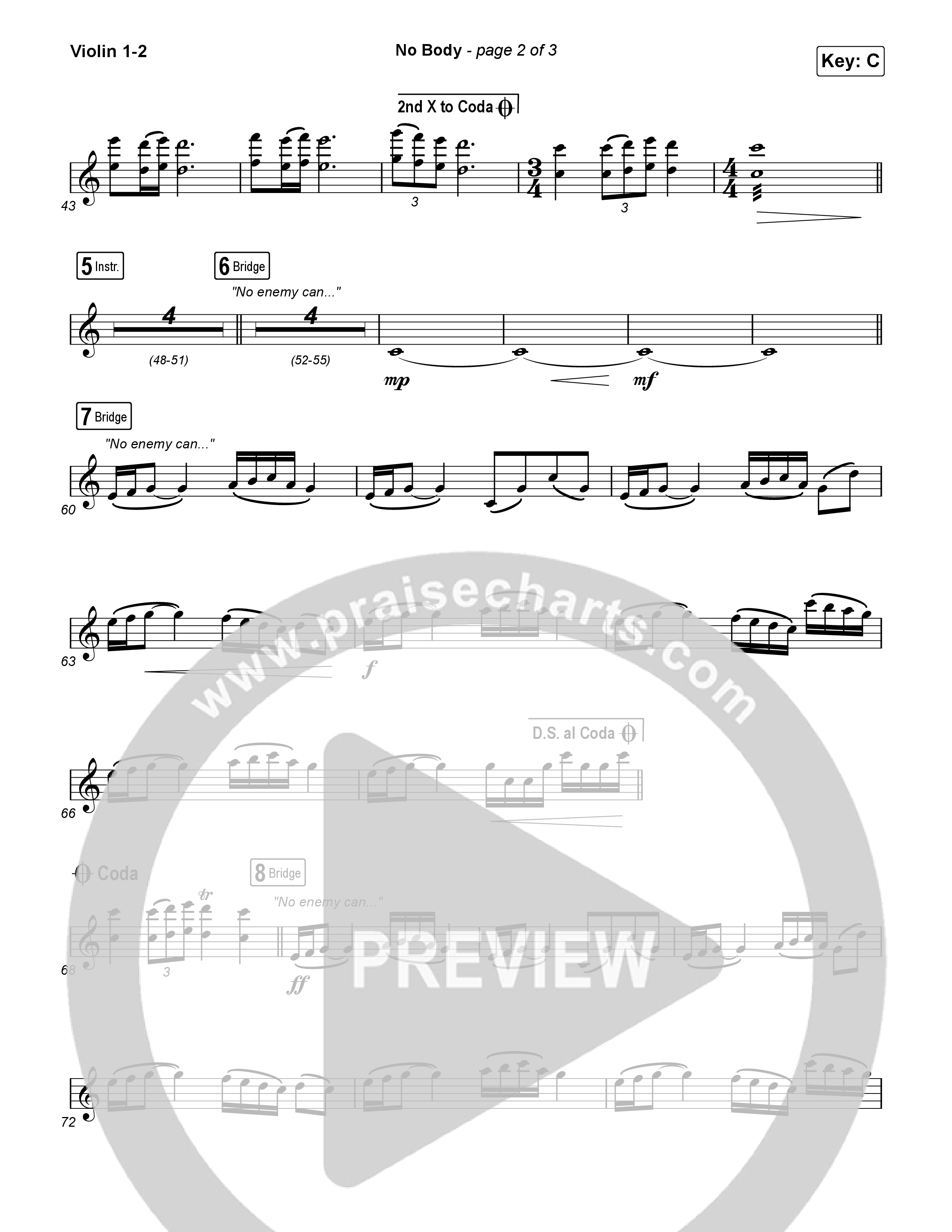 No Body (Choral Anthem SATB) Violin 1,2 (Elevation Worship / Jonsal Barrientes / Arr. Luke Gambill)