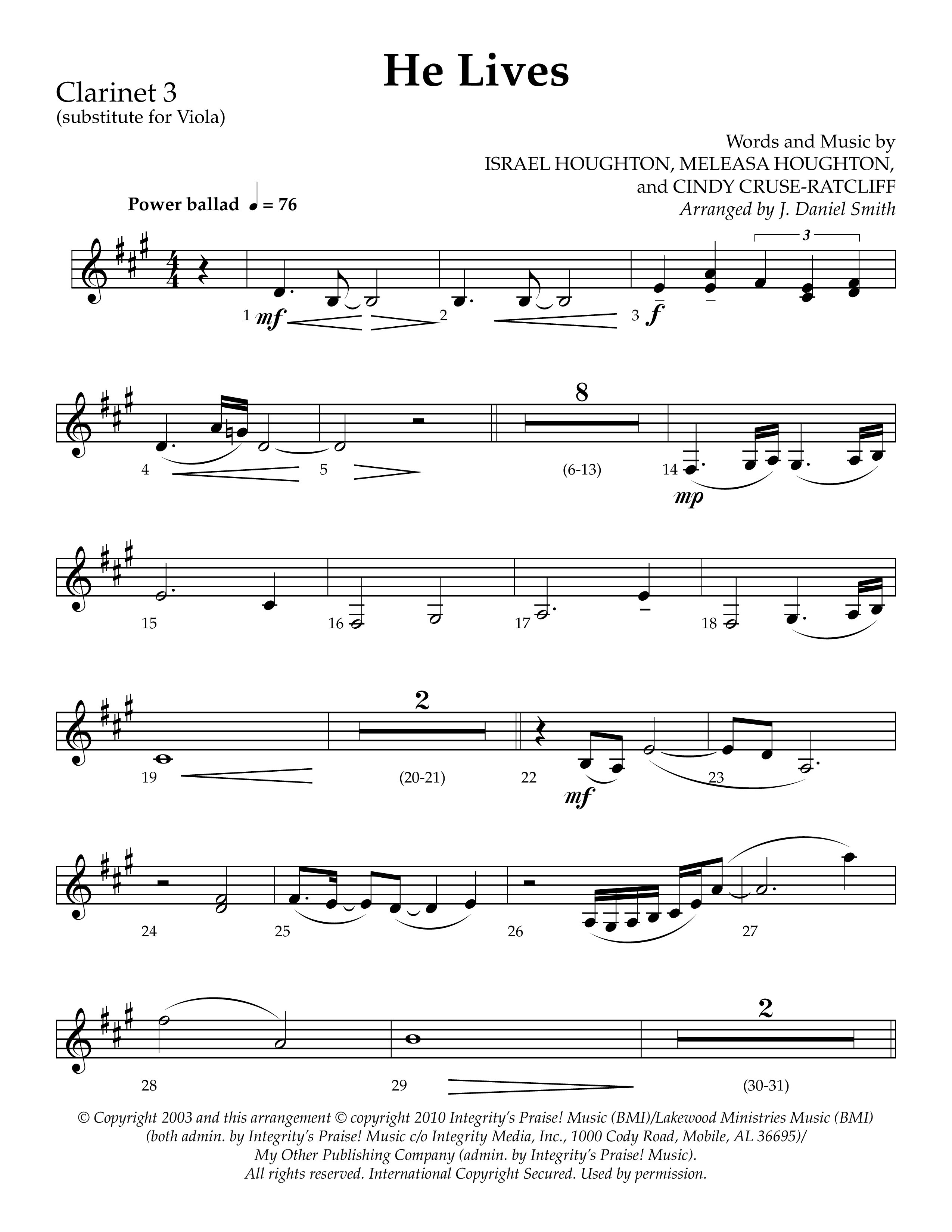 He Lives (Choral Anthem SATB) Clarinet 3 (Lifeway Choral / Arr. J. Daniel Smith)
