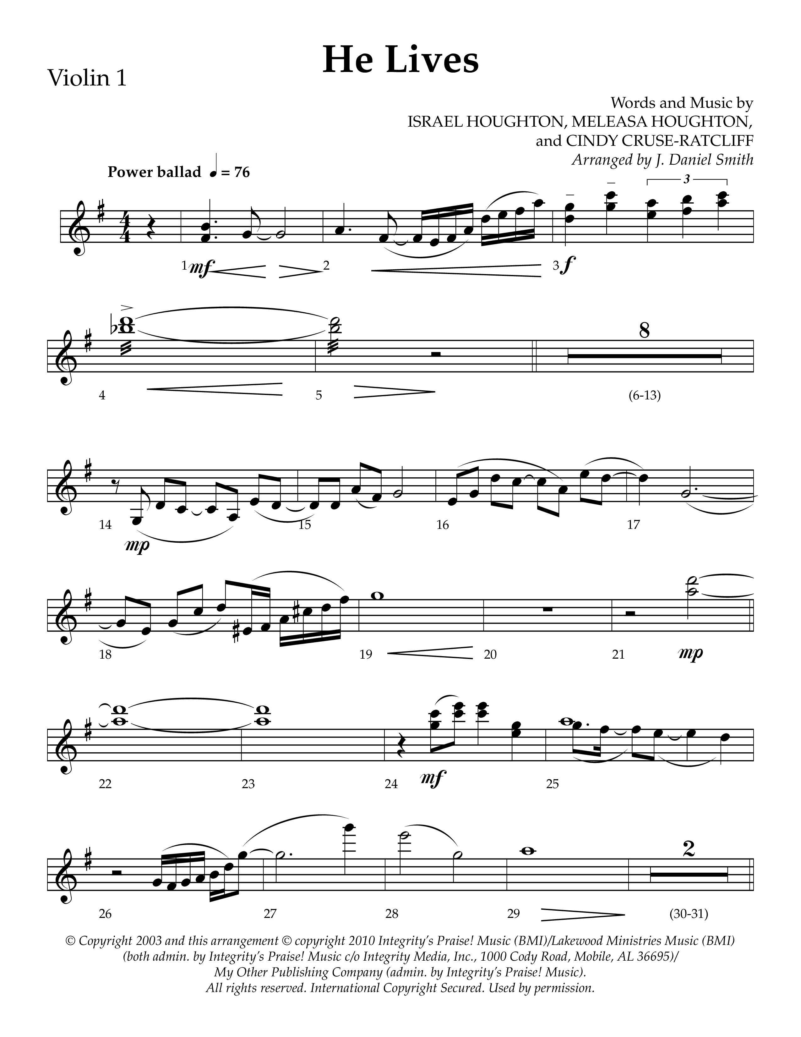 He Lives (Choral Anthem SATB) Violin 1 (Lifeway Choral / Arr. J. Daniel Smith)