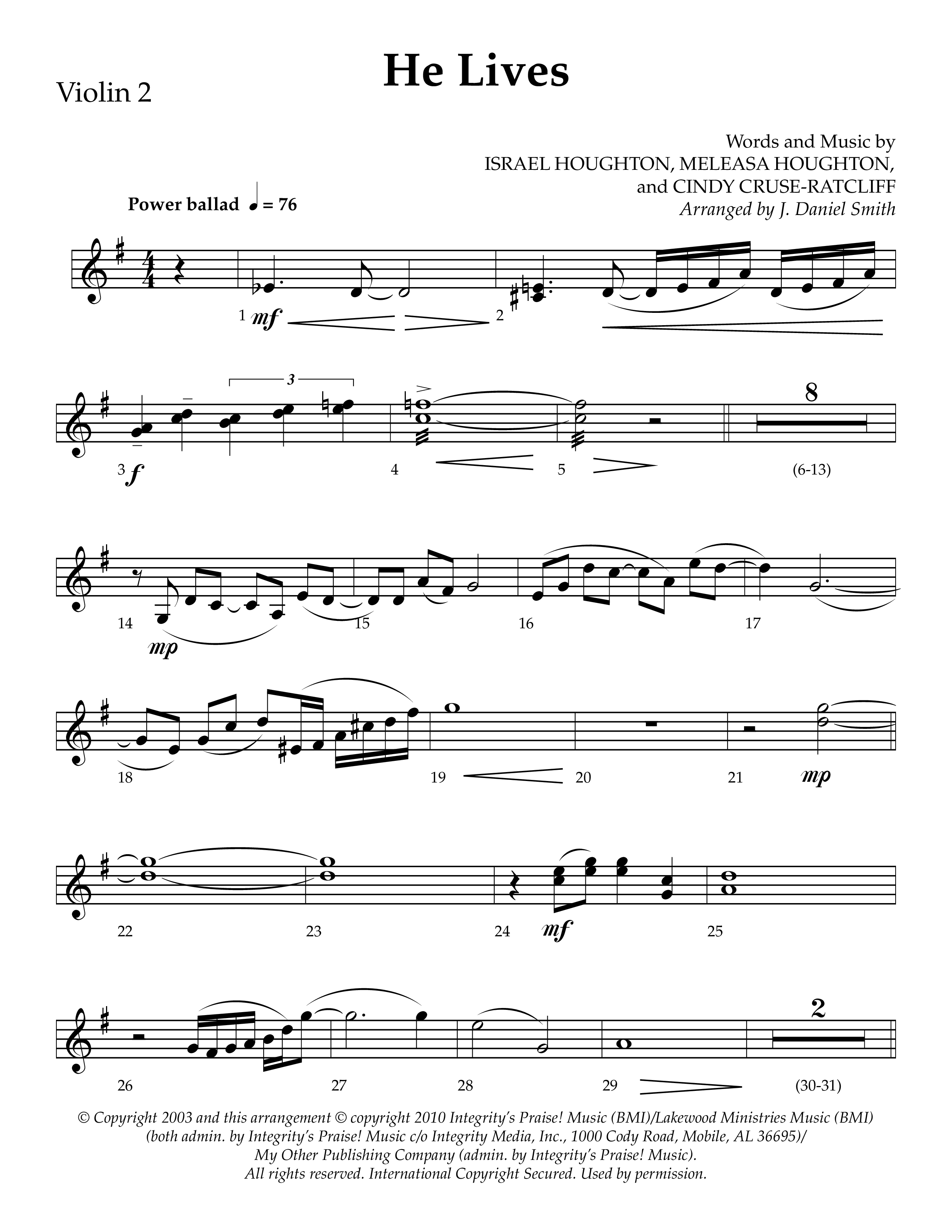 He Lives (Choral Anthem SATB) Violin 2 (Lifeway Choral / Arr. J. Daniel Smith)