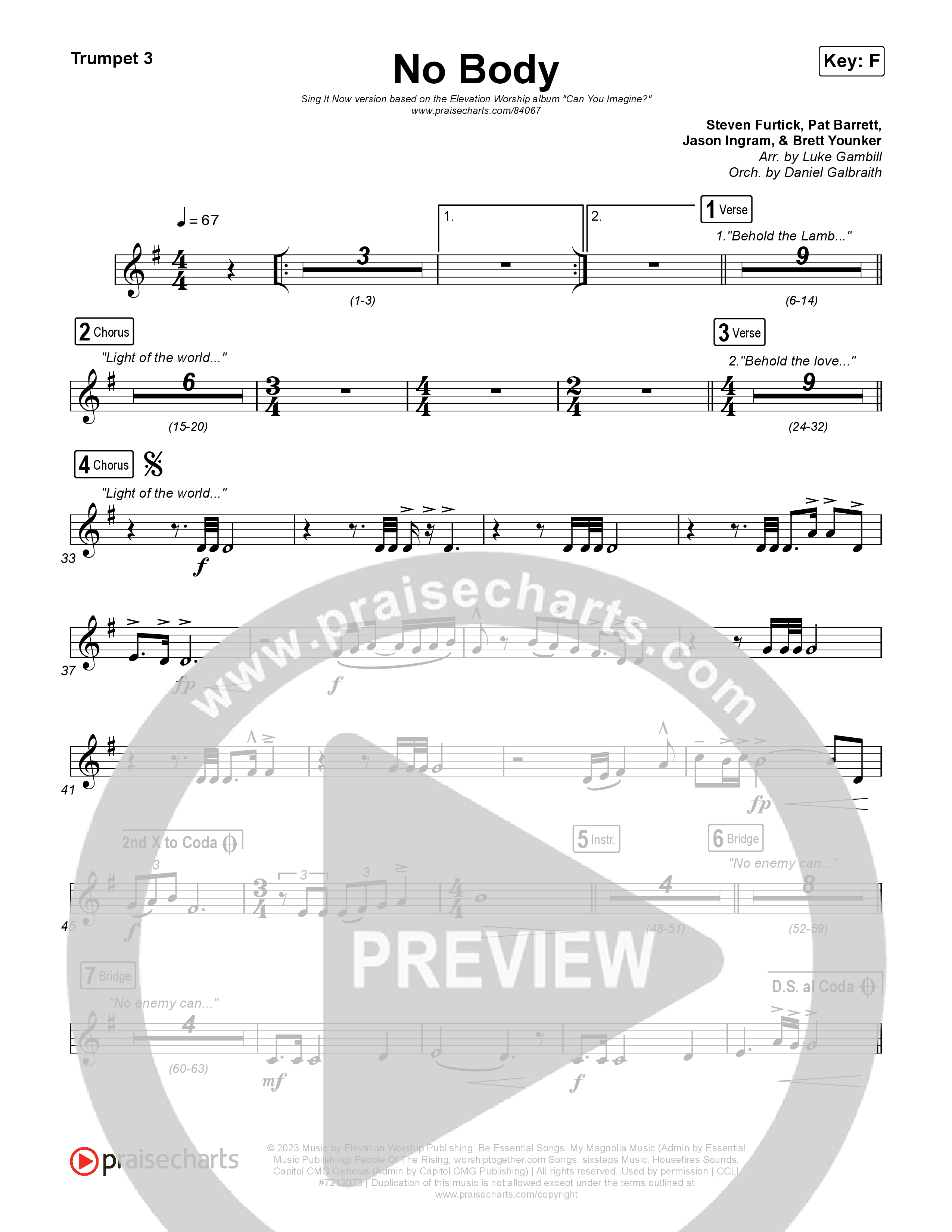 No Body (Sing It Now) Trumpet 3 (Elevation Worship / Jonsal Barrientes / Arr. Luke Gambill)