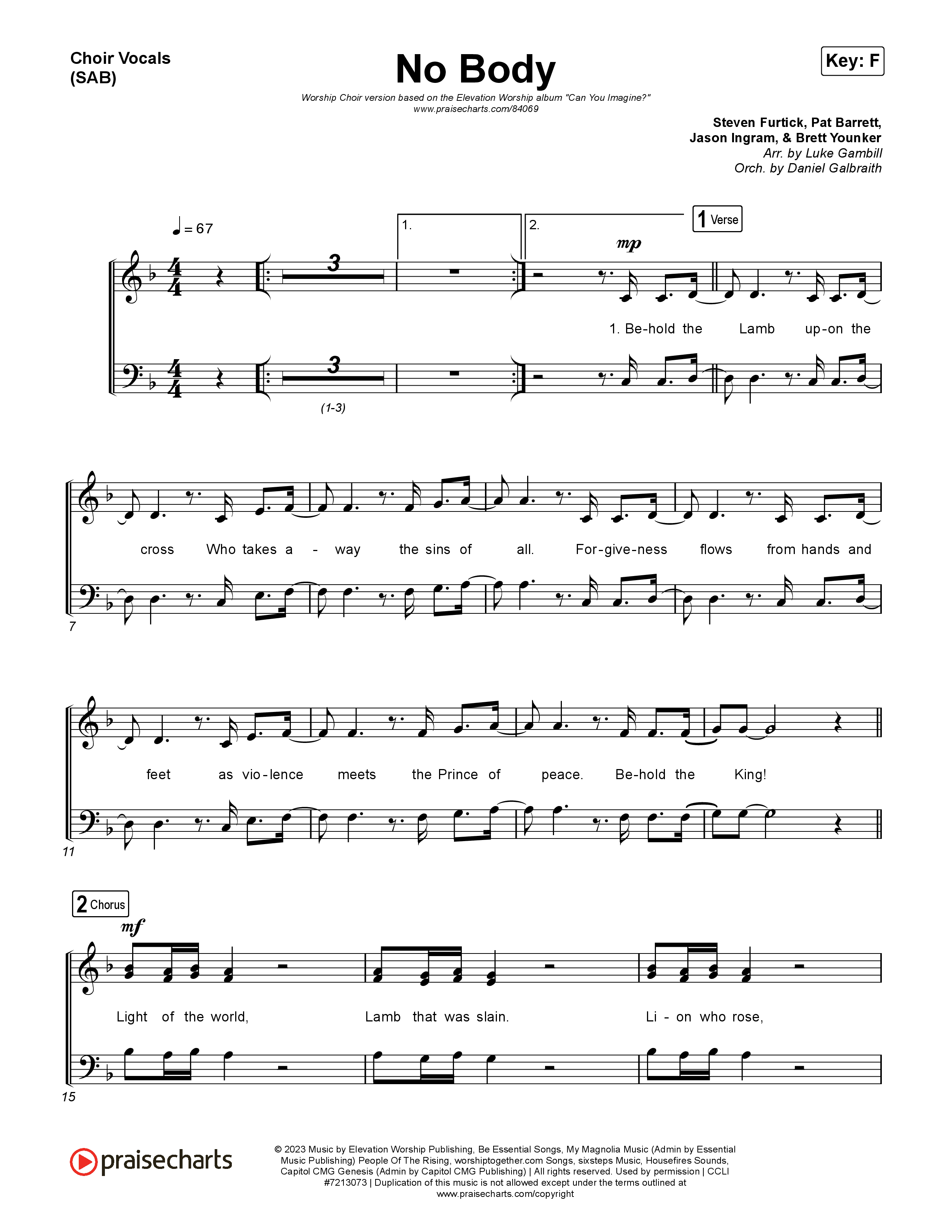 No Body (Worship Choir/SAB) Choir Sheet (SAB) (Elevation Worship / Jonsal Barrientes / Arr. Luke Gambill)