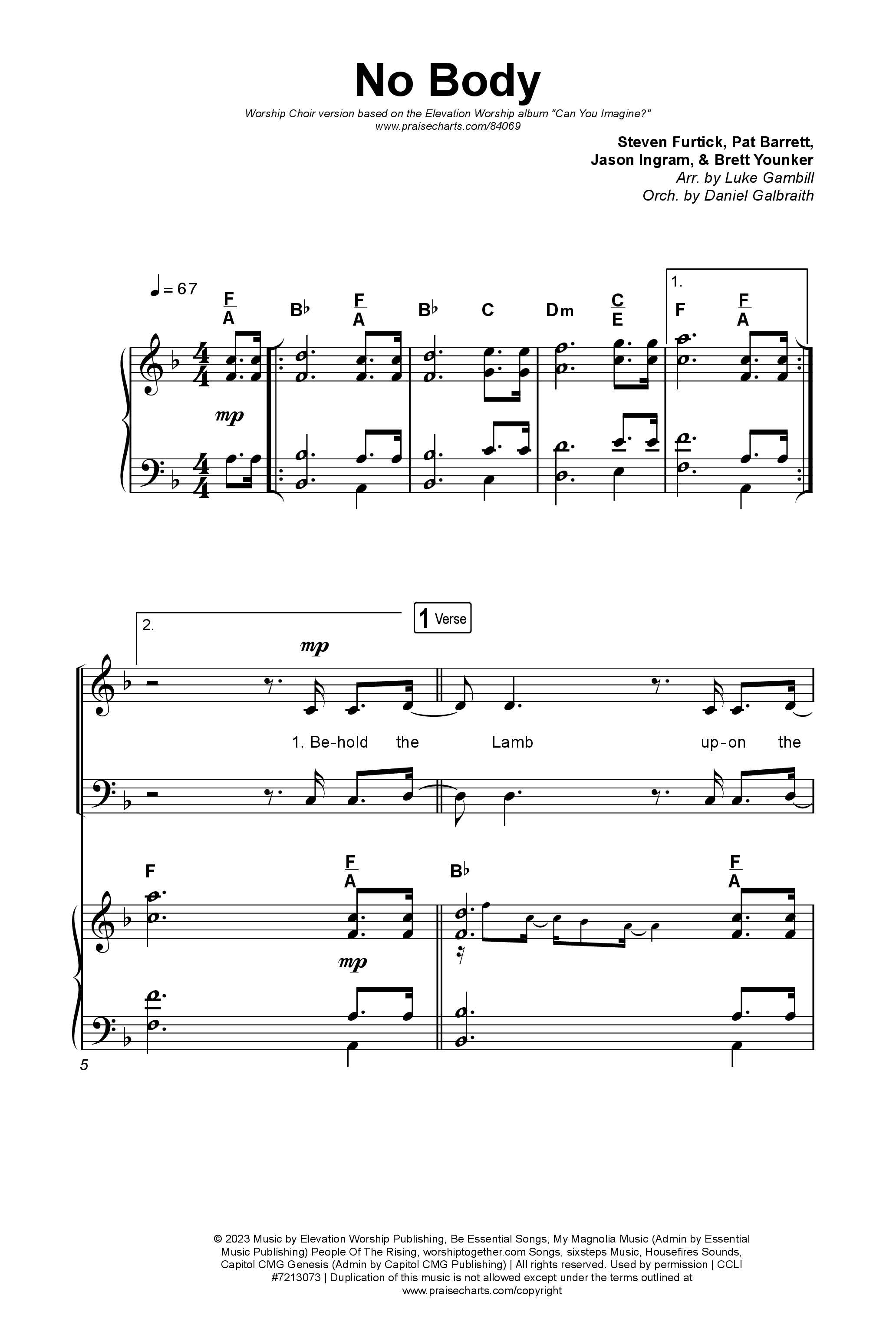 No Body (Worship Choir/SAB) Octavo (SAB & Pno) (Elevation Worship / Jonsal Barrientes / Arr. Luke Gambill)