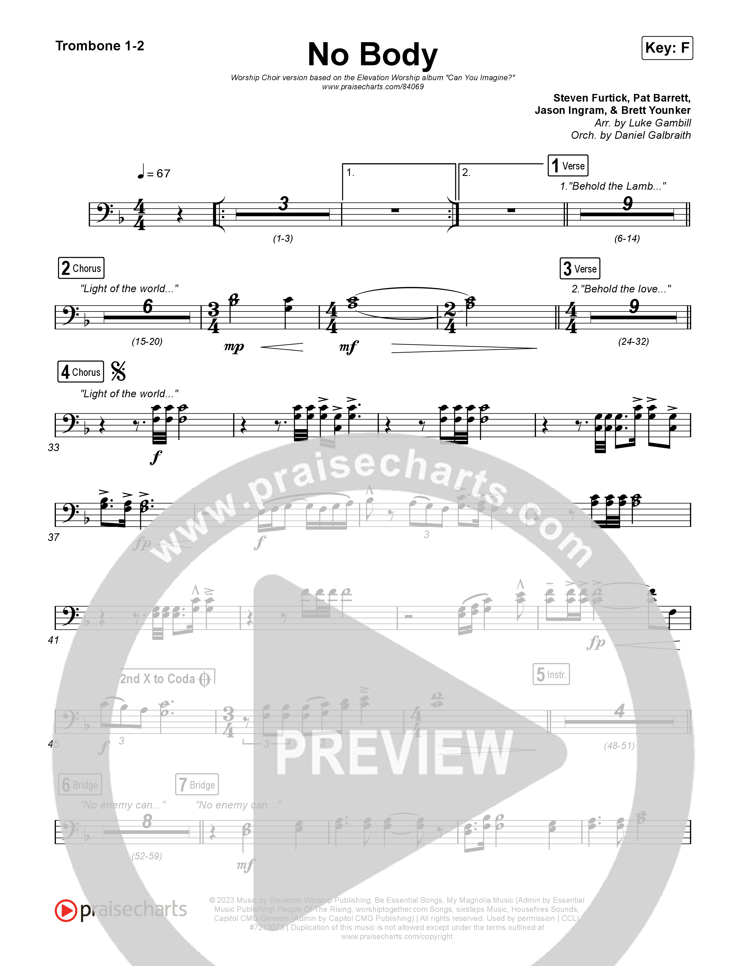 No Body (Worship Choir/SAB) Trombone 1/2 (Elevation Worship / Jonsal Barrientes / Arr. Luke Gambill)