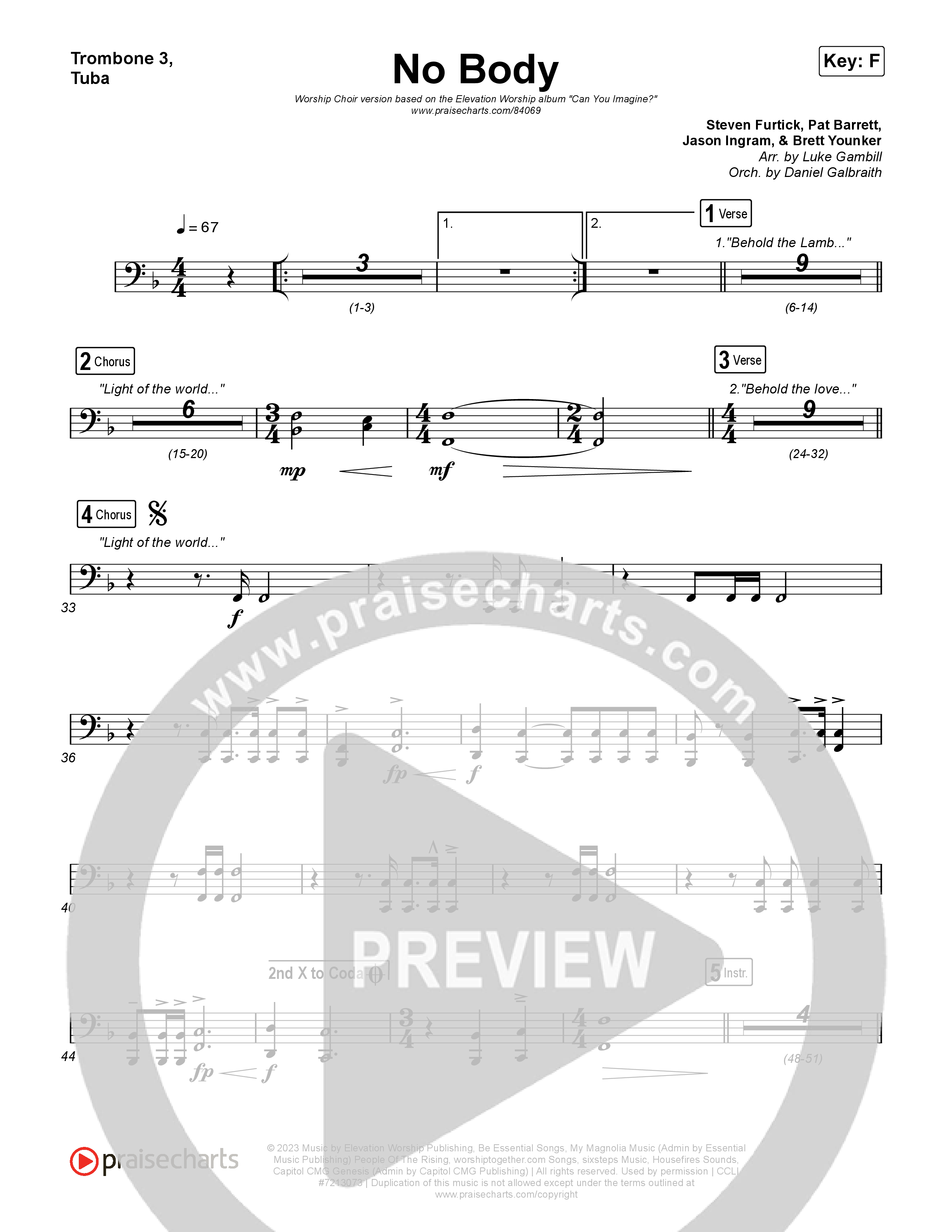 No Body (Worship Choir/SAB) Trombone 3/Tuba (Elevation Worship / Jonsal Barrientes / Arr. Luke Gambill)