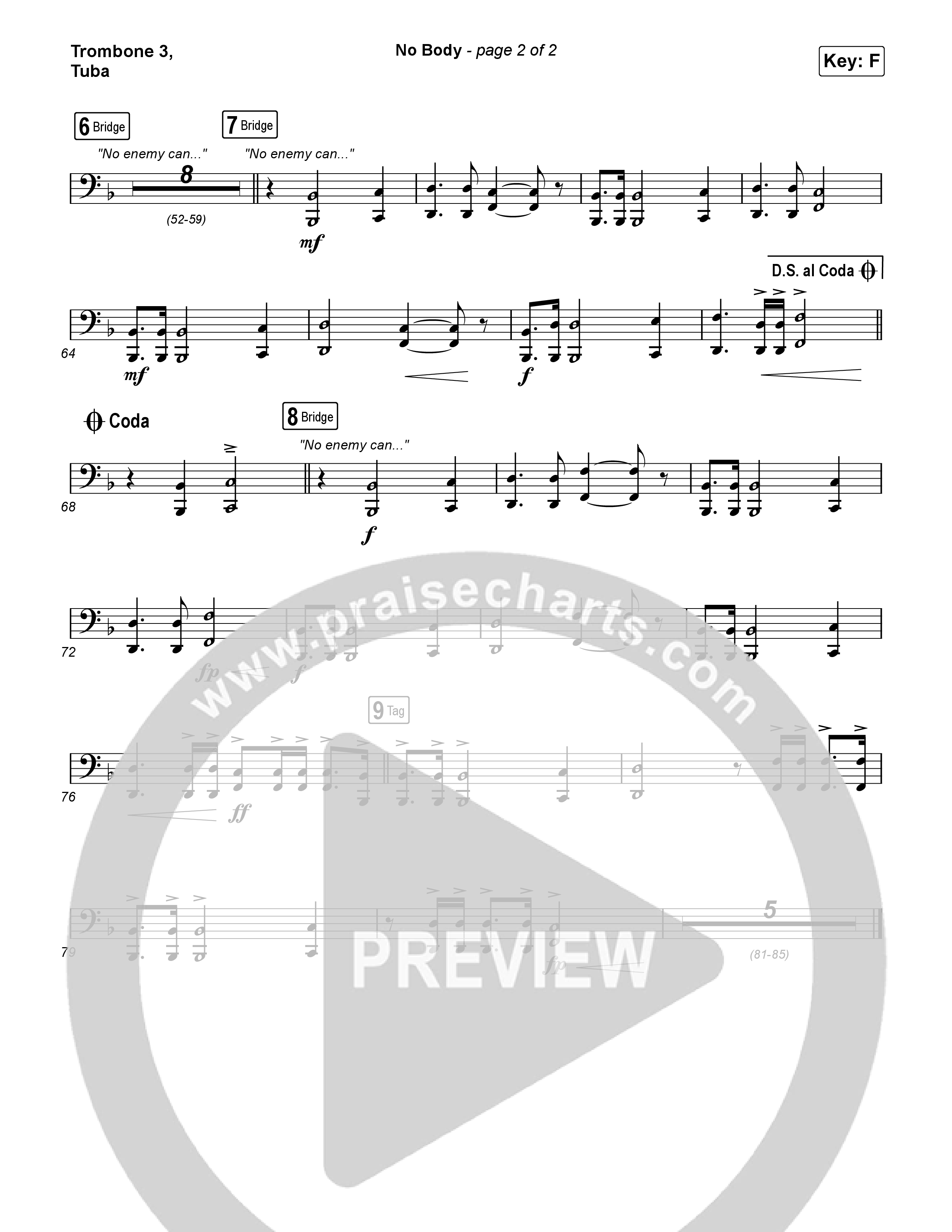 No Body (Worship Choir/SAB) Trombone 3/Tuba (Elevation Worship / Jonsal Barrientes / Arr. Luke Gambill)