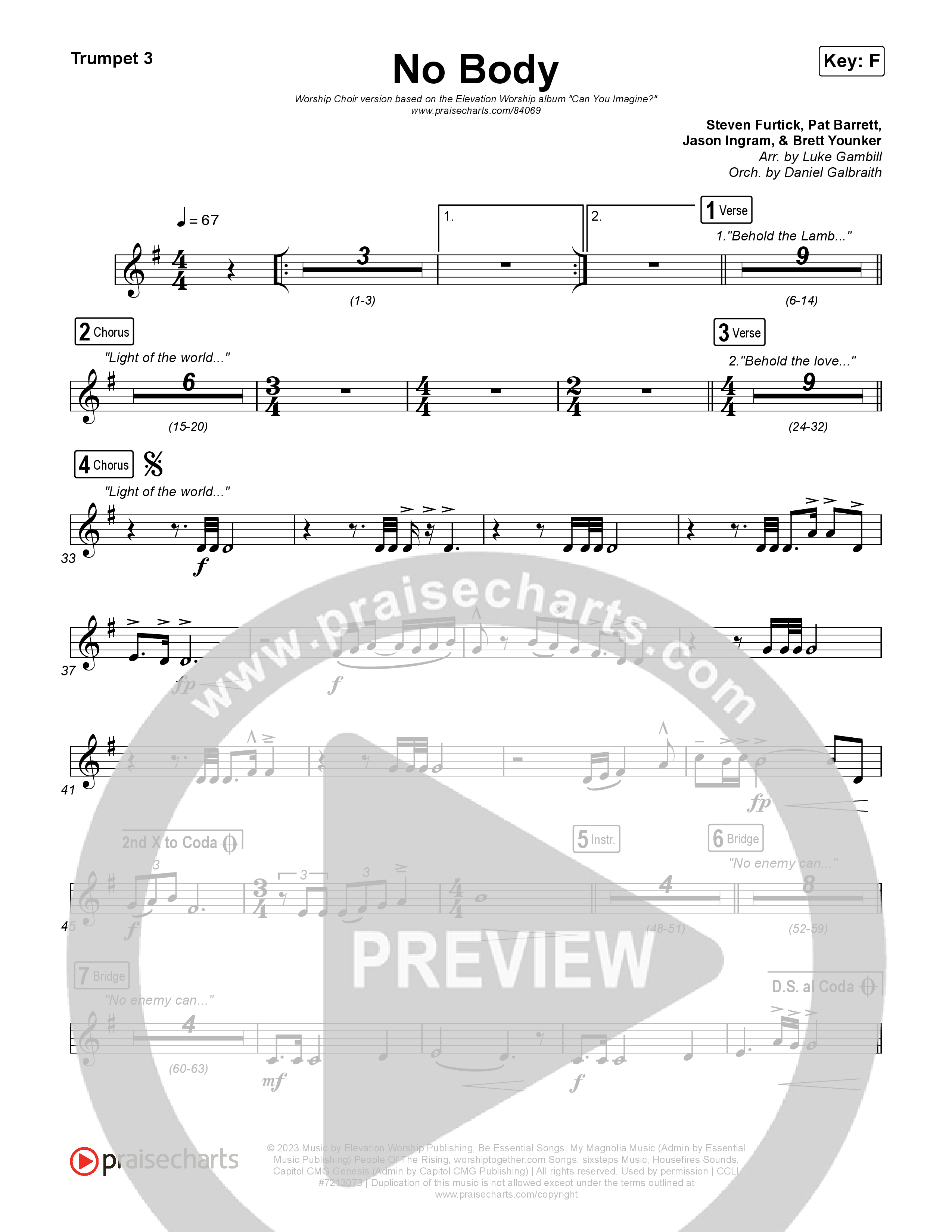 No Body (Worship Choir/SAB) Trumpet 3 (Elevation Worship / Jonsal Barrientes / Arr. Luke Gambill)