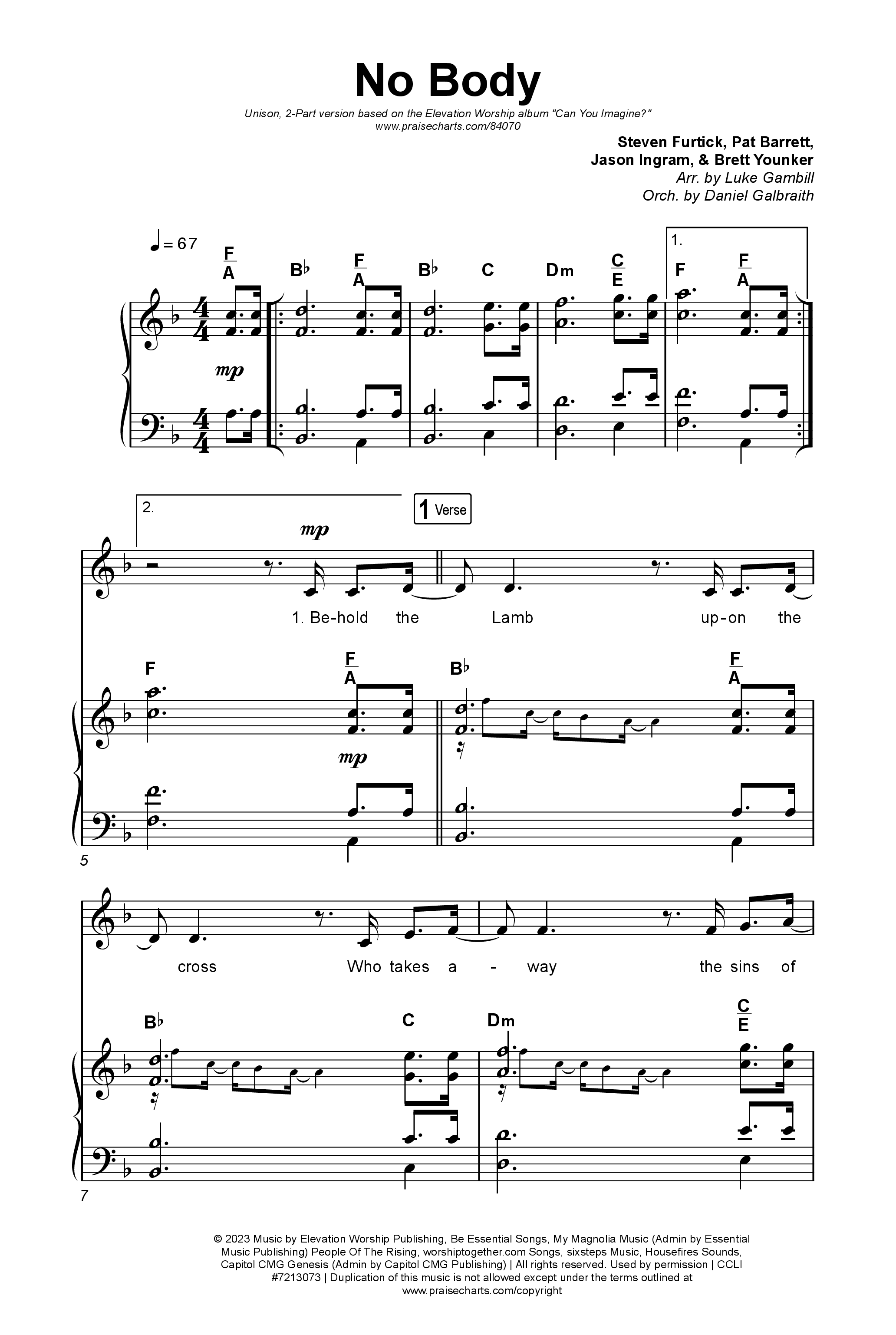 No Body (Unison/2-Part) Octavo (Uni/2-Part & Pno) (Elevation Worship / Jonsal Barrientes / Arr. Luke Gambill)