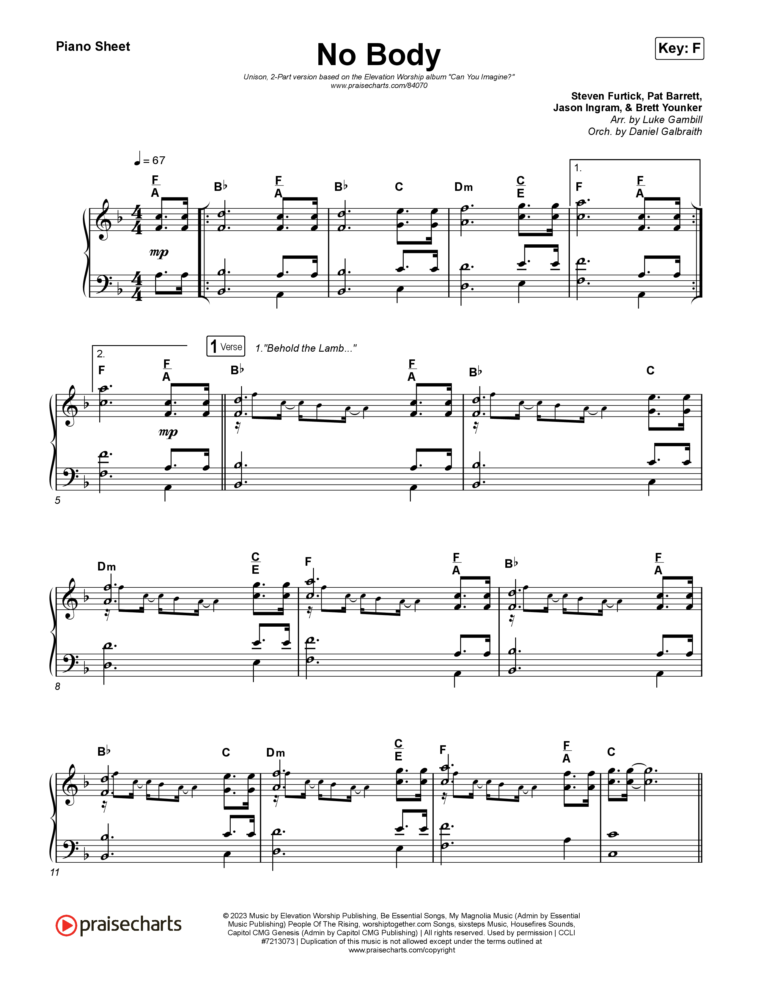 No Body (Unison/2-Part) Piano Sheet (Elevation Worship / Jonsal Barrientes / Arr. Luke Gambill)