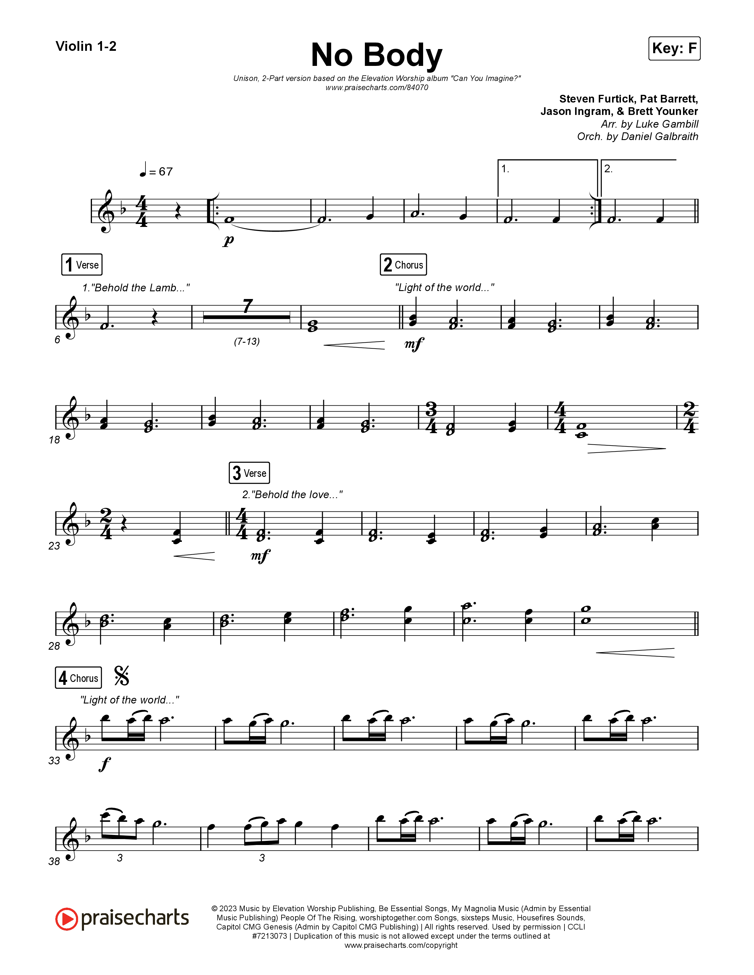 No Body (Unison/2-Part) Violin 1/2 (Elevation Worship / Jonsal Barrientes / Arr. Luke Gambill)